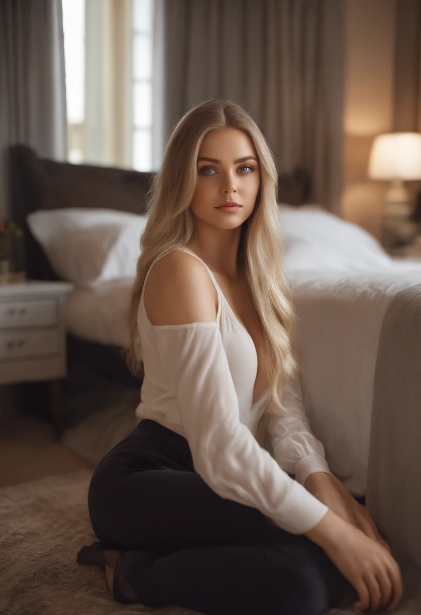 arafed woman fully , sexy girl with blue eyes, ultra realistic, meticulously detailed, portrait sophie mudd, blonde hair and large eyes, selfie of a young woman, bedroom eyes, violet myers, without makeup, natural makeup, looking directly at the camera, face with artgram, subtle makeup, stunning full body shot kneeling on bed, in club, large size bust
