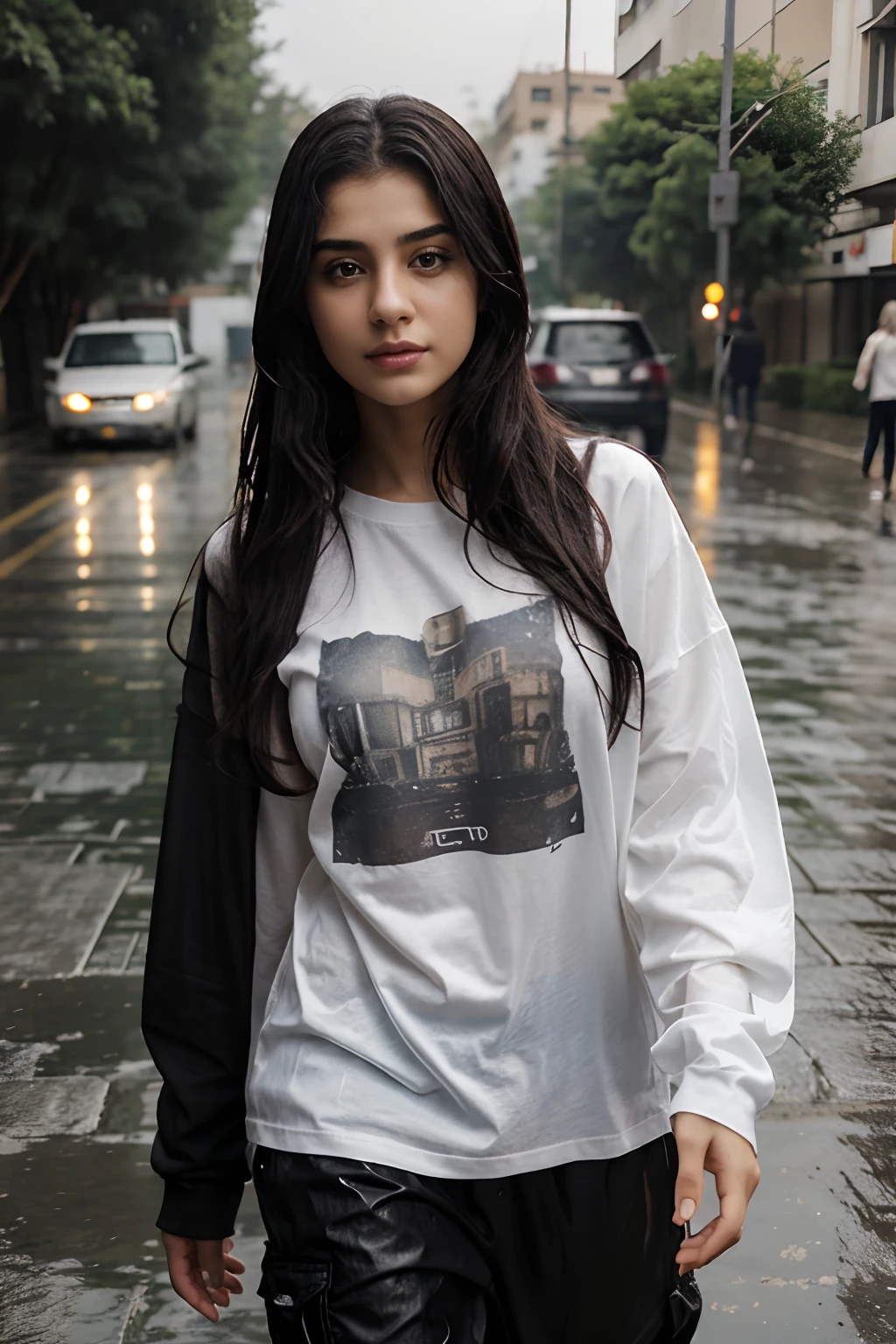 Realistic and detailed portrait of an Iraqi girl, attractive, 17 years old Iraqi beautiful in the rain, soaking wet, see thru black baggy t-shirt, long shirt, bred bra, pouring rain, seductive, wearing red cargo baggy pants, little cheek out, walking away while looking at camera, white sneakers, wearing black round neck baggy tee-shirt, long length lose Teeshirt.