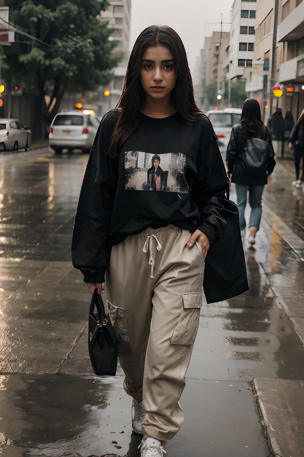 Realistic and detailed portrait of an Iraqi girl, attractive,   Iraqi beautiful in the rain, soaking wet, see thru black baggy t-shirt, long shirt, bred bra, pouring rain, seductive, wearing red cargo baggy pants, little cheek out, walking away while looking at camera, white sneakers, wearing black round neck baggy tee-shirt, long length lose Teeshirt.