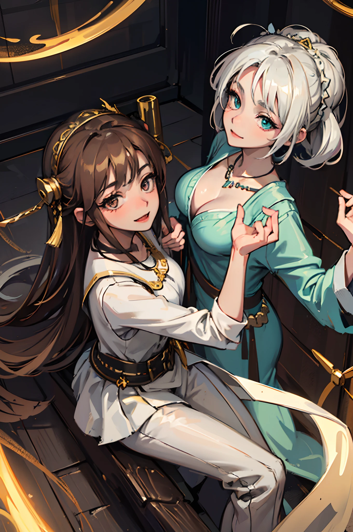 high quality, ultra-realistic, closeup portrait of two Beautiful women of ancient Mesopotamia,leering:1.4,dynamic pose, ancient Mesopotamian civilization, Babylonia, Uruk, tunics of various lengths, linen garments, agate necklaces,translucent paisley clothing, Kaunakes, bronze ware, a little smile, high adobe walls, luminism, 3d render, octane render, cinematic, Isometric, awesome full color, 8K Ultra HD, by yukisakura, high detailed,