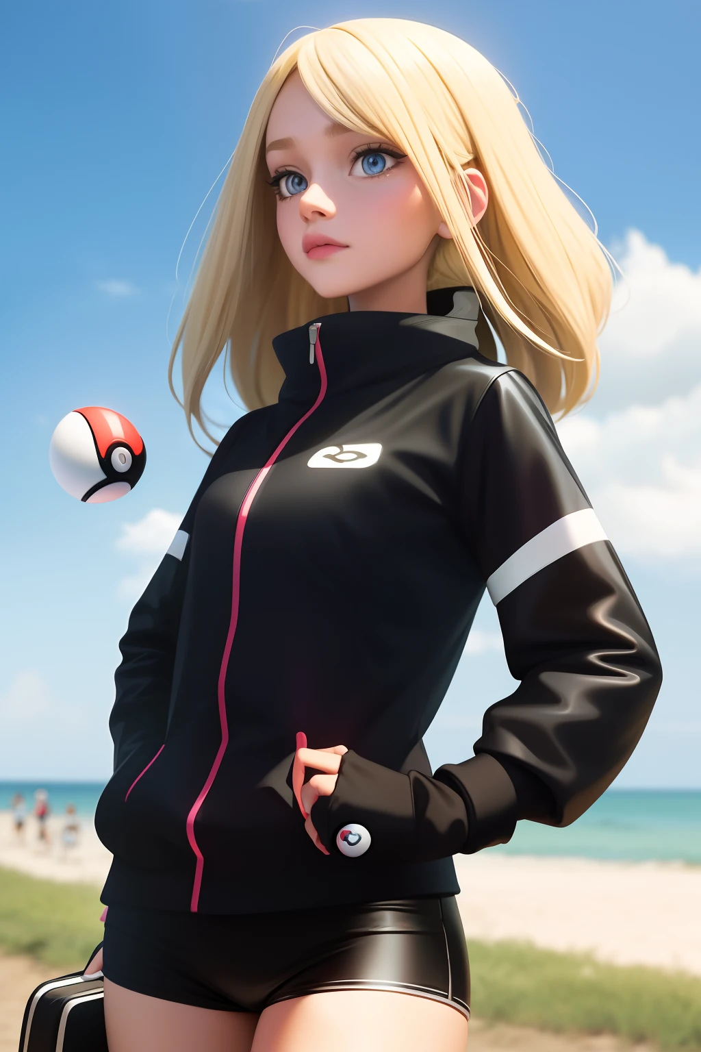 A girl Pokémon trainer in the Pokémon trainer outfit holding a pokeball or a rare Pokémon. She has blonde mid length hair and blue eyes