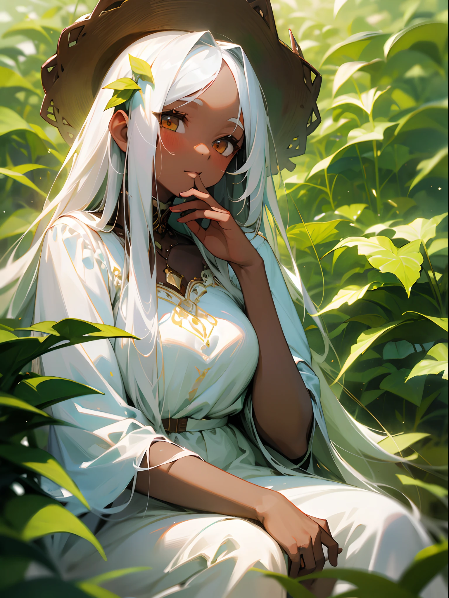 (masterpiece, best quality),1girl with long white hair sitting in a field of green plants and flowers, hand under her chin, warm lighting, white dress, blurred foreground, chocolate-colored skin