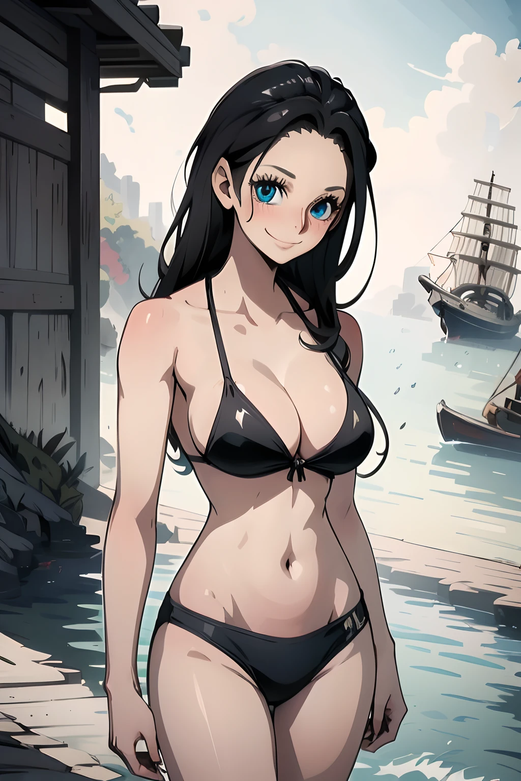 Robin, cleavage, Deep Blue eyes, topless, covering breast with her hands, spa, wet body, medium breasts, four fingers and 1 thumb, portrait, big ass, Full body, ((2 hands)), standing, black hair, Beautiful smile, Smiling at viewer, blushing cheeks,