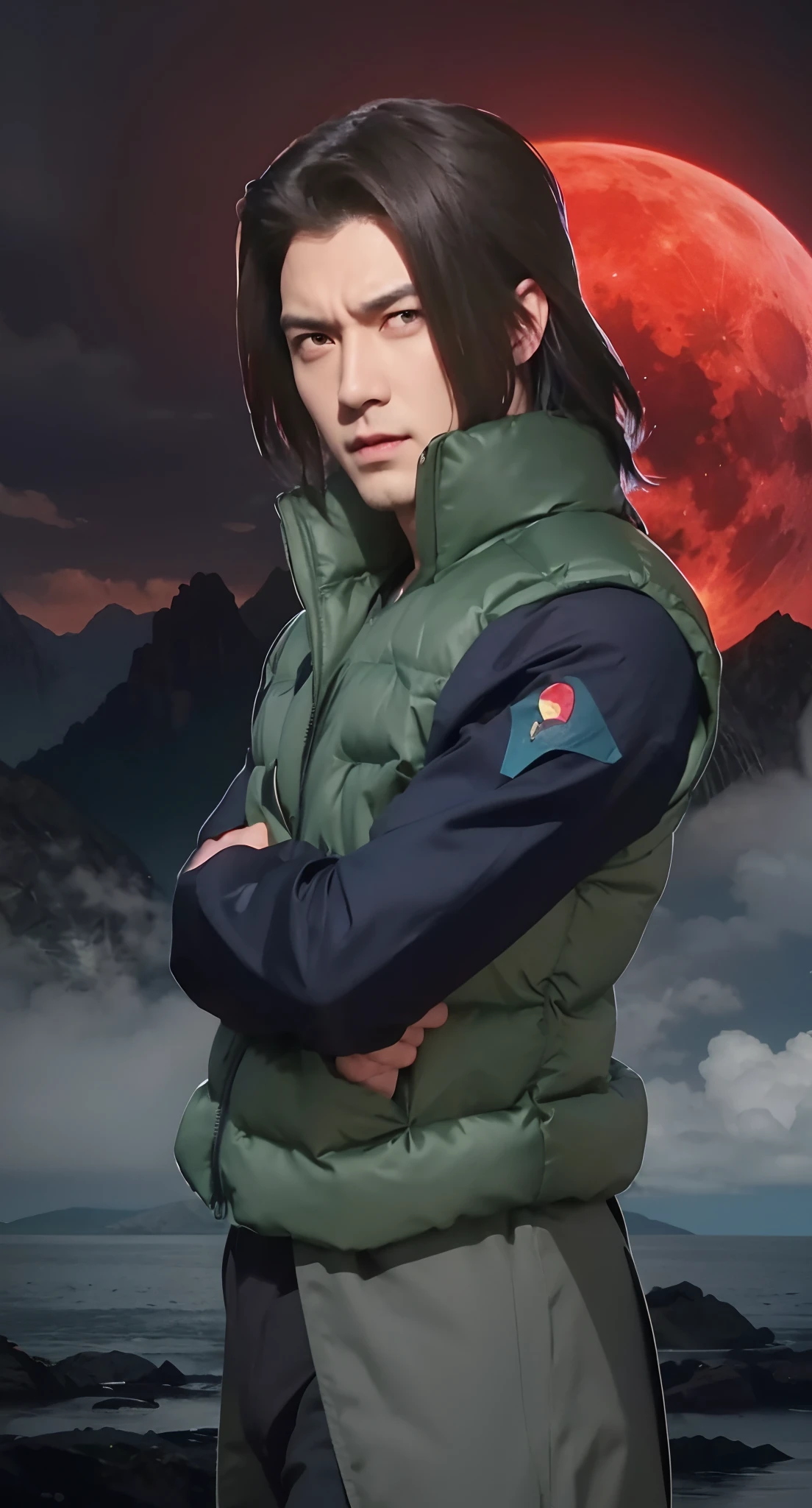 Real life adaption of this character, adult handsome face, villain expression, looking to camera,realistic same hair , realistic same outfit wear thick green vest with many pocket, realistic same logo printed on shoulder,realistic red moon background, hyper realistic, realistic light, realistic shadow, realism,(photorealistic:1.2)