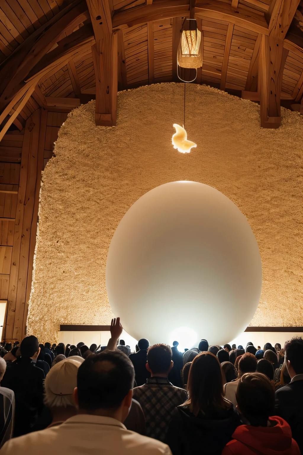 The crowd prayed around a huge egg,The egg is high above and illuminated by the holy light