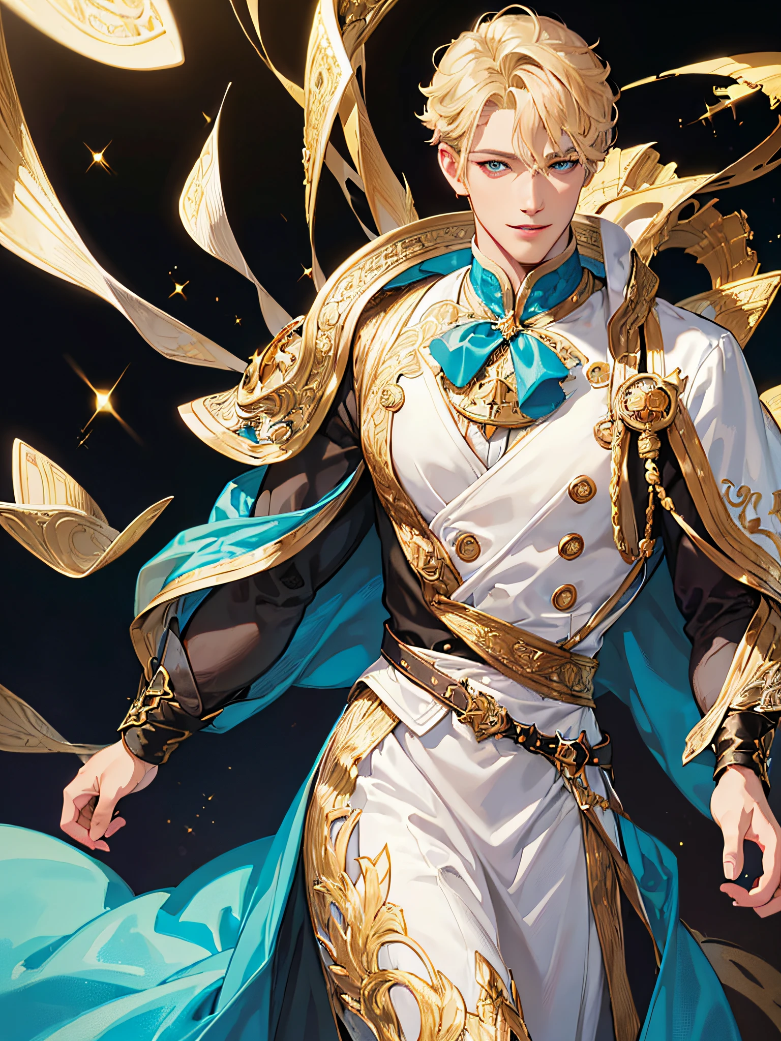 {(best quality, 8k, masterpiece, HDR, soft lighting, perfect image, digital illustration, manhwa art, hyper detailed image, perfect lines, realistic)} 1 very handsome man, short blonde hair, blue eyes, dark skin, clothes luxury, prince (imposing posture, smiling), {(black background with golden sparkles)}