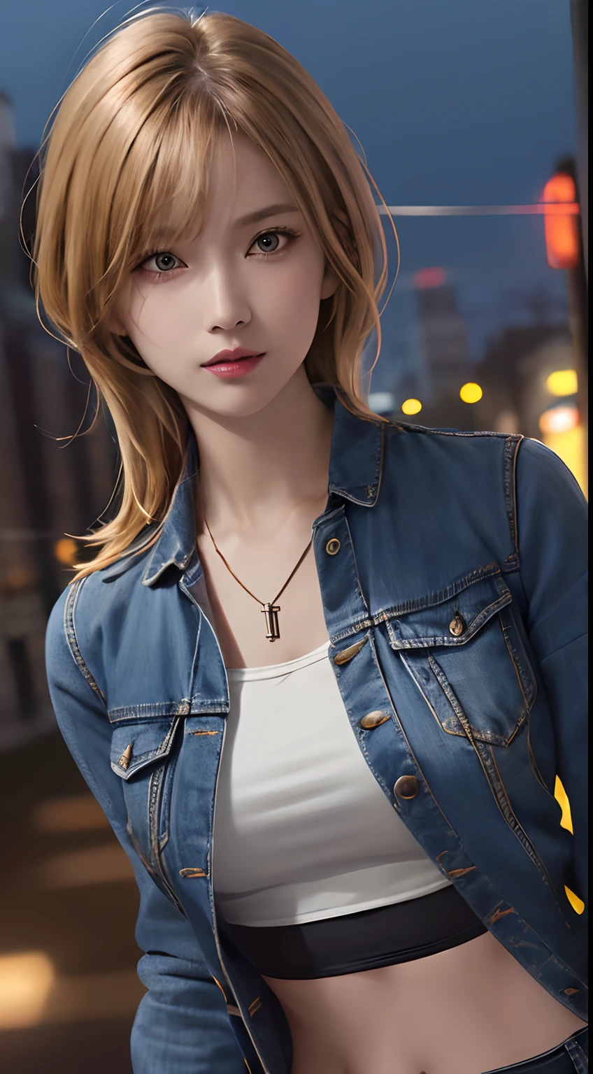 ayabrea, 1girl, solo, crop top jacket, bracelet, necklace, (holding gun), looking_at_viewer, realistic, upper_body, (masterpiece:1.2), (best quality), (ultra detailed), (8k, 4k, intricate), (highly detailed:1.2),(detailed face:1.2), (city background)