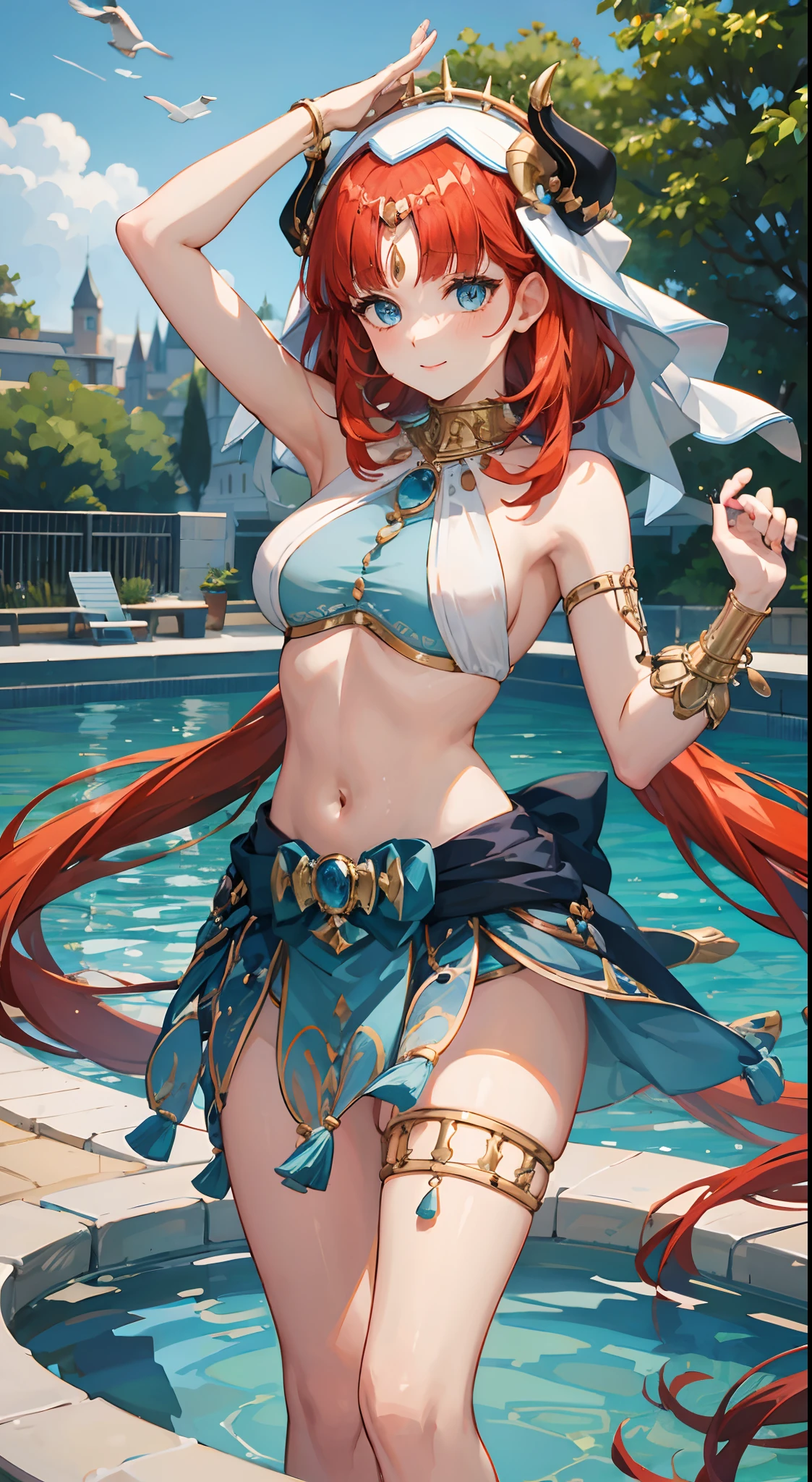 nilou, red hair, long hair, blue eyes, gown, skirt, slim legs, navel, happy, cleavage, bend over, pool, happy