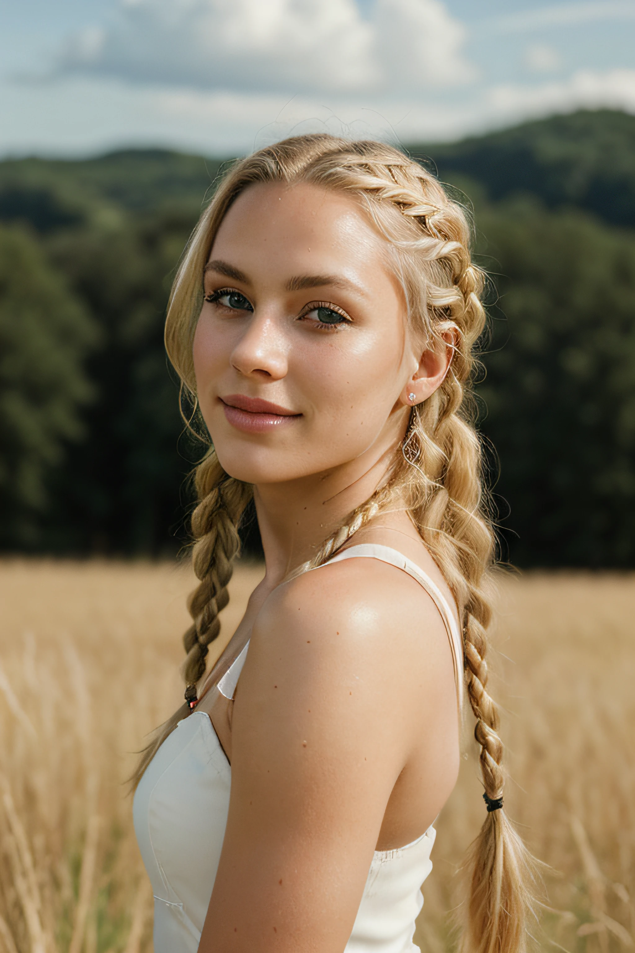 RAW, analog, Nikon Z 85mm, award winning glamour photograph,((best quality)), ((masterpiece)), ((realistic)), 18th century, KarolinaDemy:0.9 piercing eyes, looking straight, very happy, blonde hair, quad braids, in a outdoor field, afternoon light,