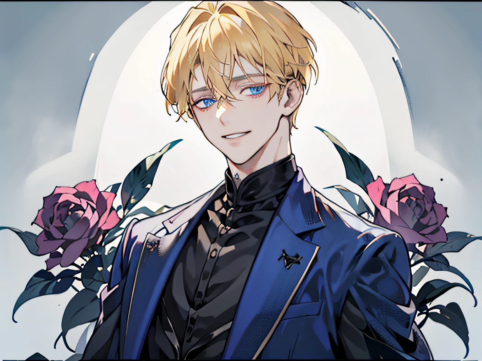 a handsome man,1 boy, Blonde hair, Blue eyes, 20 years old,,Shaded face、Scary smile、Psychopathic grin,creepy expression