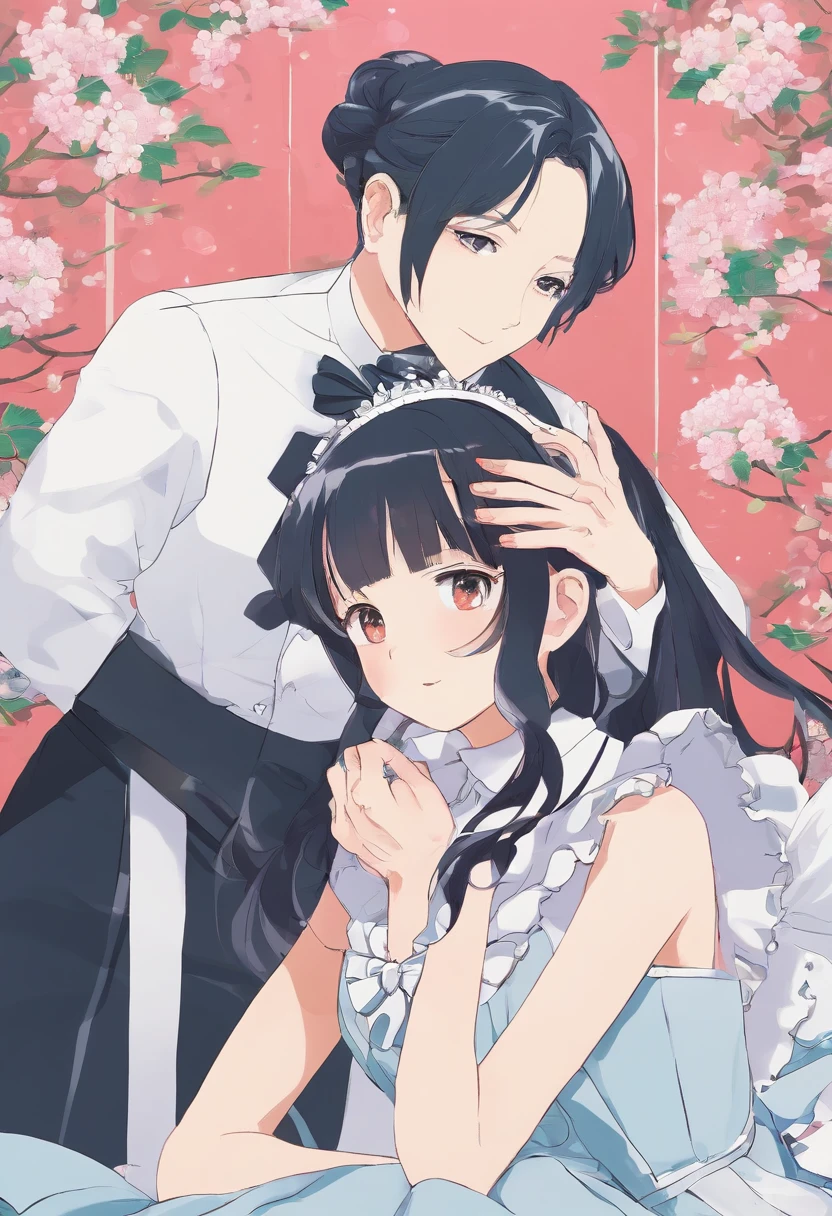 Maid fixing a young lady's hair。
The butler watching over it
