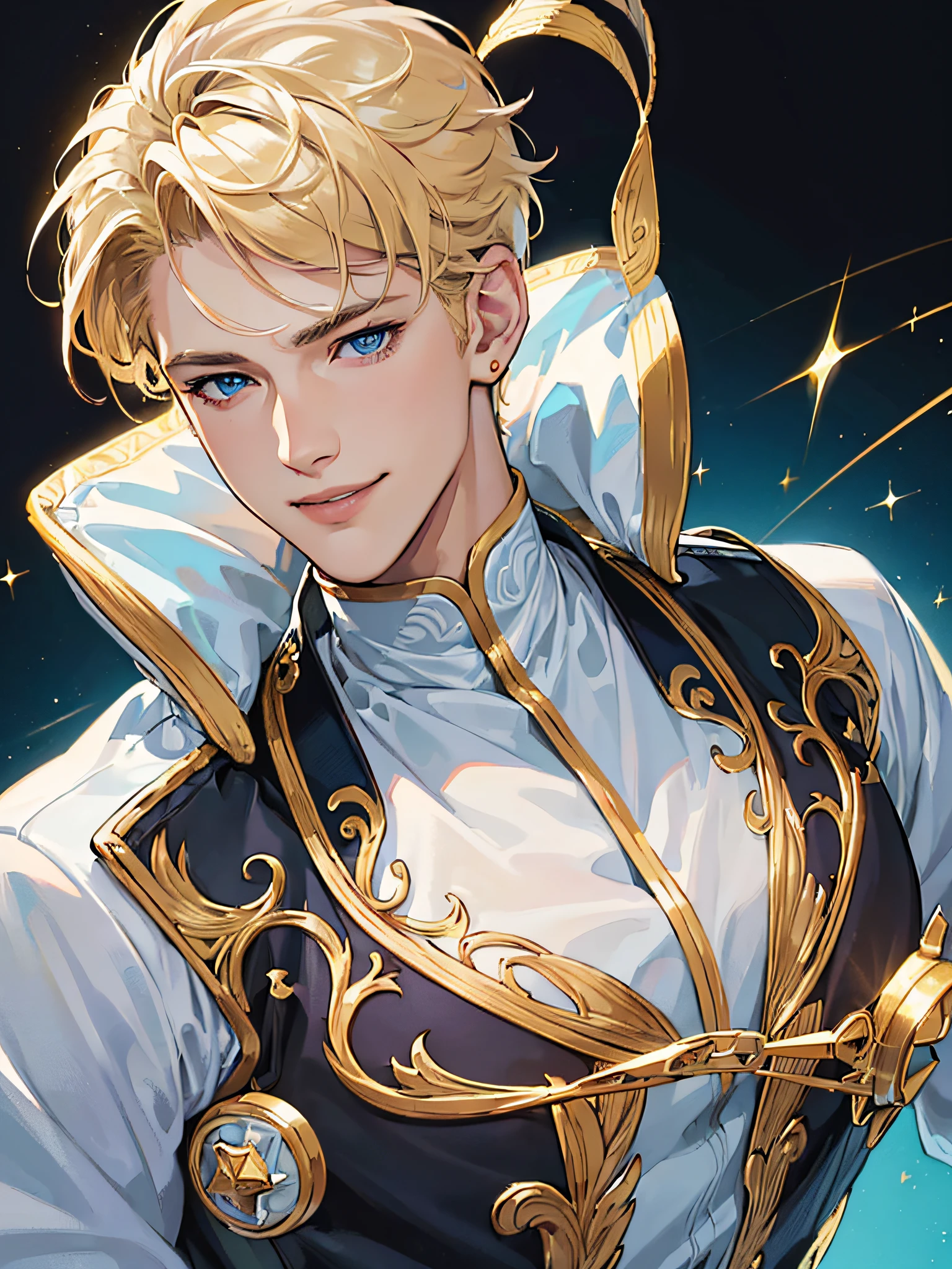 {(best quality, 8k, masterpiece, HDR, soft lighting, perfect image, digital illustration, manhwa art, hyper detailed image, perfect lines, realistic)} 1 very handsome man, short blonde hair, blue eyes, dark skin, clothes luxury, prince (imposing posture, smiling), {(black background with golden sparkles)}