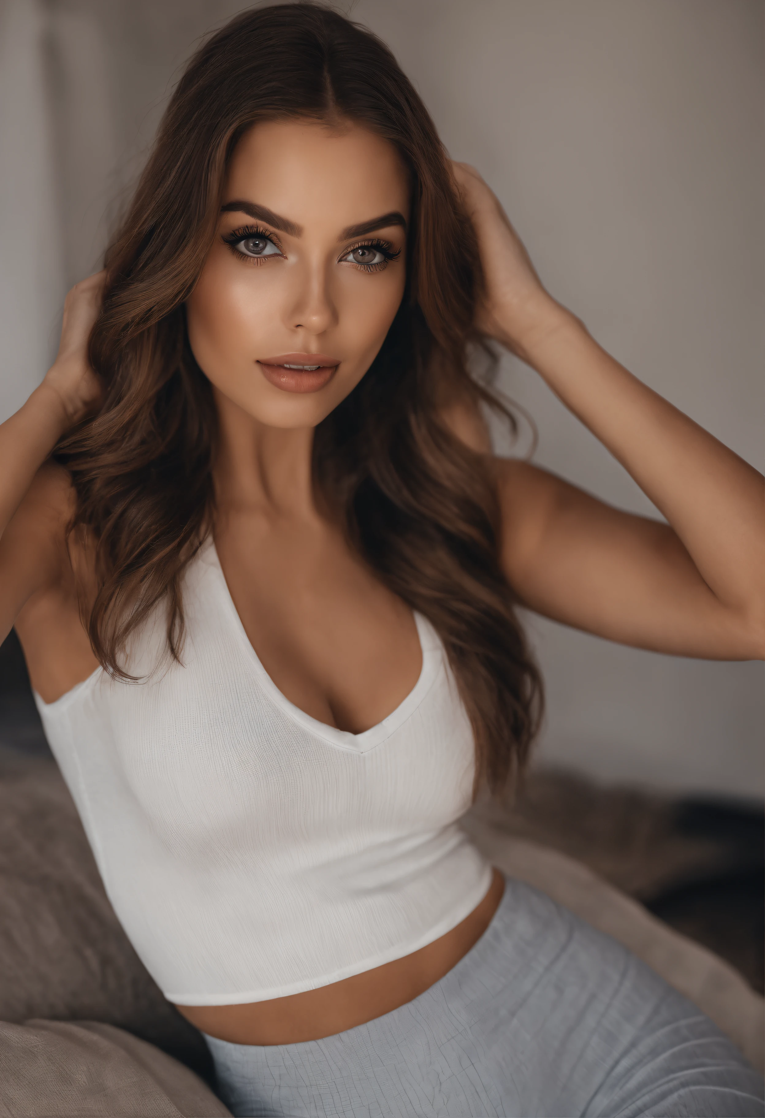 arafed woman fully , sexy girl with brown eyes, ultra realistic, meticulously detailed, portrait sophie mudd, brown hair and large eyes, selfie of a young woman, bedroom eyes, violet myers, without makeup, natural makeup, looking directly at the camera, face with artgram, subtle makeup, stunning full body shot kneeling on bed, in bedroom, medium to large size bust