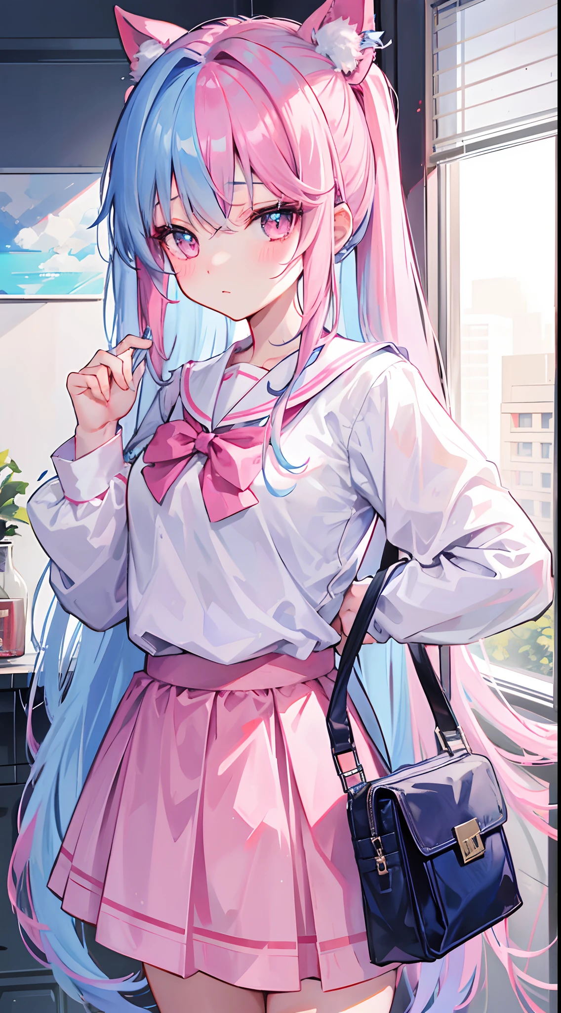 light blue long hair，deep red pink eyes，The hair is tied up with two pink hairbands，Short double ponytail，Qi bangs，There are two long hair curtains on both sides，Wearing a white sailor school uniform，short  skirt，Bangs pulled up with a hairpin，The sleeves are long，Fresh atmosphere，Warm color palette，The eyes have God，to emphasize，tmasterpiece，blush blush，Expressionless，Open your mouth slightly