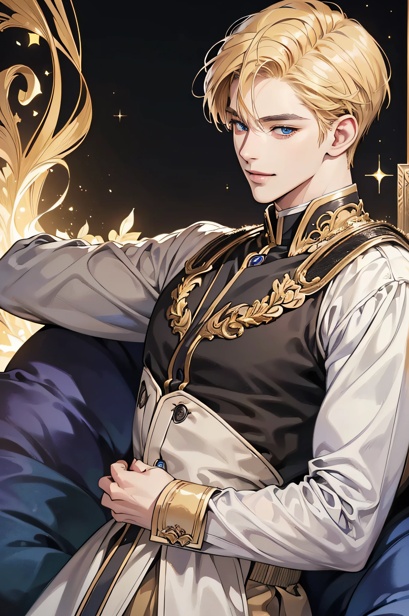 {(best quality, 8k, masterpiece, HDR, soft lighting, perfect image, digital illustration, manhwa art, hyper detailed image, perfect lines, realistic)} 1 very handsome man, short blonde hair, blue eyes, olive skin, clothes luxurious (imposing posture, smiling), {(black background with golden sparkles)}