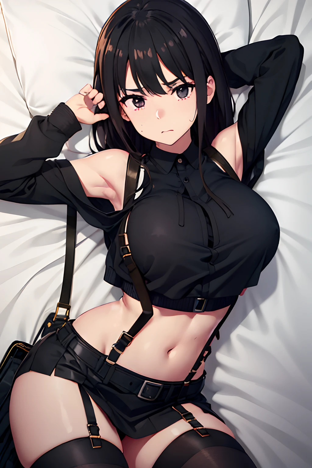 ,Belt bag,Suspenders Black Miniskirt garterbelts knee high Stockings Black Niso Colorcon armpit sweat perspiring Side of both hands,Black jacket,Gaze,ample bosom,Armpit sweat,Exposing the armpits"Tight clothes、Cuffed、wristbands Lie on the bed with your hands up Tank Tops large full breasts