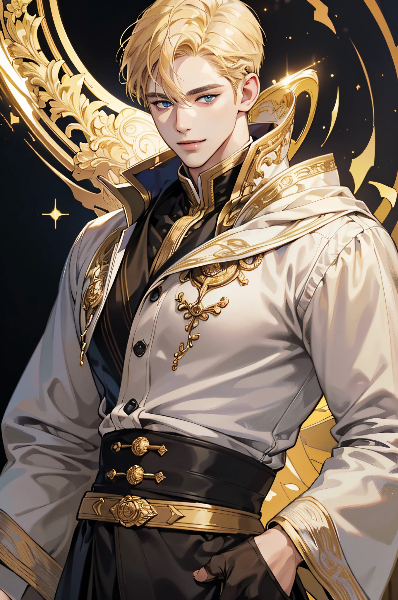 {(best quality, 8k, masterpiece, HDR, soft lighting, perfect image, digital illustration, manhwa art, hyper detailed image, perfect lines, realistic)} 1 very handsome man, short blonde hair, blue eyes, olive skin, clothes luxurious (imposing posture, smiling), {(black background with golden sparkles)}
