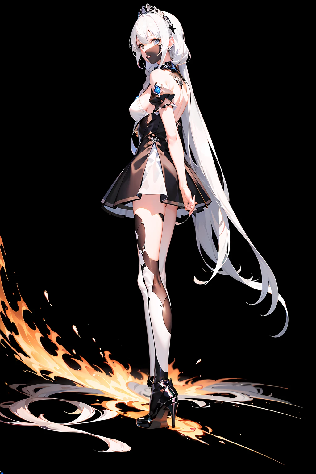 ((absurderes,tmasterpiece))(tmasterpiece:1.4,The best quality))super-fine)1girll, Smile, Silvery hair,Asymmetrical hair, hair over shoulders, Messy hair, Very long hair, Shiny hair,(Long hair:1.2), looking at viewert, voluminetric lighting, Dynamic pose,Medium-sized round breasts,((white stockings))((Black transparent dress))Short skirt,Long rounded legs(((no head gear)))Black gorgeous starry sky background,Profound,Depth of field Snow-white skin,Snow-whiteskin,(Looks sad,face drawn and pale,grieves,dreads,closing the mouth:1.2)back lit lighting, stereograms, A high resolution, Best quality, 16k