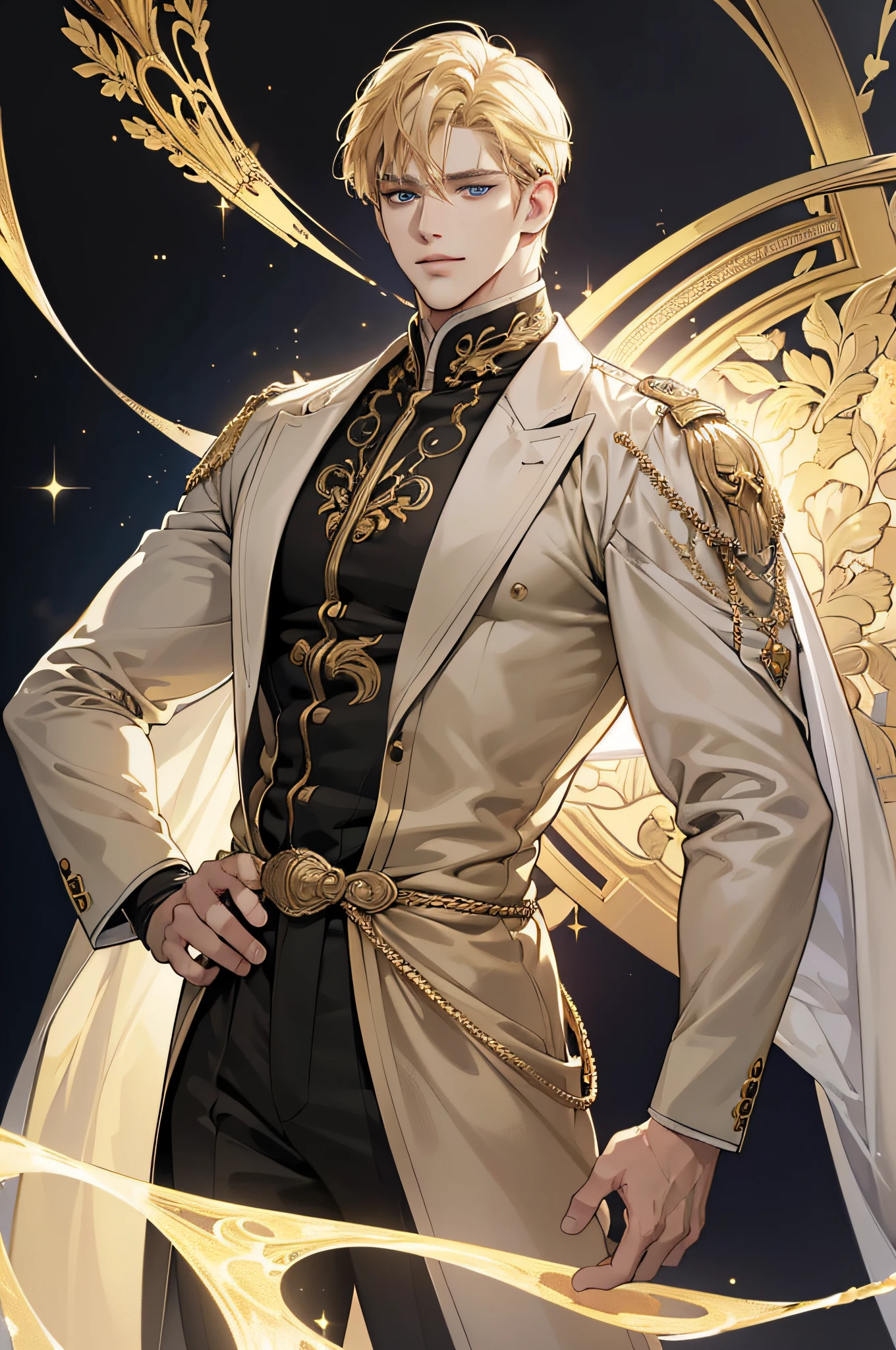 {(best quality, 8k, masterpiece, HDR, soft lighting, perfect image, digital illustration, manhwa art, hyper detailed image, perfect lines, realistic)} 1 very handsome man, short blonde hair, blue eyes, olive skin, clothes luxurious (imposing posture, smiling), {(black background with golden sparkles)}