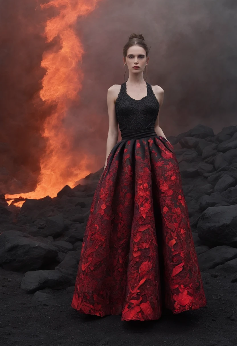 Arad woman in black and red dress，（French court style skirt），Stand in front of black volcanic stones, （Super exaggerated skirt：1.37），（There are a lot of blood-red flowers on the skirt：1.2），opulent，dream magical，（Clear and perfect facial features），（Perfect hands and feet),（The skirt blends perfectly with the firelight：1.3）, （The hem of the skirt blends perfectly with the firelight），Inspired by Anne Leibovitz, Red and black color, （with fires and black smoke）, body with black and red lava, author：annie lebovetz, alexander mcqueen haute couture