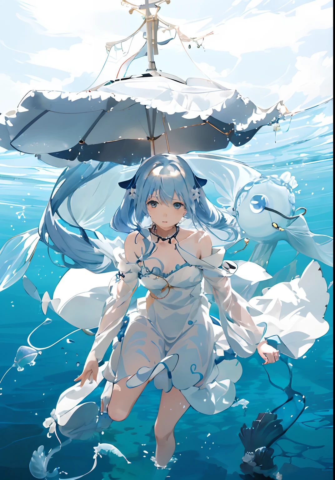{{{{amazing quality, great quality, high quality, very aesthetic, aesthetic, best quality}}}}, 
realistic, photo, shadow, Three-dimensional, absurdres, Digital art, 
{{{{Magical girl}}}}, beautiful girl, one girl, 
{{{{{Yukikohime}}}}} {dororon Enma-kun Mela Mela}, {Dororon Enma-kun Mela Mela's Yukikohime}, 
light blue hair, long straight hair, hair, trimmed hair, shiny hair, blunt bangs, short sideburns, Multiple enemies open the girl's thighs, 
blue eyes, tareme, 
{{flat chest}}, {{small breasts}}, {{detailed body}}, slim thighs, thin thighs, 
{{white mini kimono}}, {{yellow kimono obi}}, {{skull-shaped hair ornament}}, barefoot, Geta for women, 
No panties, no bra, 
Multiple enemies tears the girl's clothes, Multiple enemies wets the girl's clothes, Multiple enemies melts the girl's clothes, Multiple enemies can see through the girl's clothes, half-naked, Multiple hands attack the girl, Multiple hands rub the girl, Multiple hands fuck the girl, Giant white squid tentacles attack girl,  Giant white squid tentacles wrap around the girl's body, distress, resistance, defeat, inferiority, sexual pleasure, troubled face, shy, orgasm, Screaming, sensitive body, trembling, Giant white squid tentacles wrap around the girl's body, Giant white squid tentacles wrap around the girl's arms, Giant white squid tentacles wrap around the girl's legs, Giant white squid tentacles caress the girl's nipples, Giant white squid tentacles caresses the girl's crotch, girl gets wet, A girl is immersed up to her waist in cloudy liquid, A girl is covered in cloudy liquid, tentacle bath, 