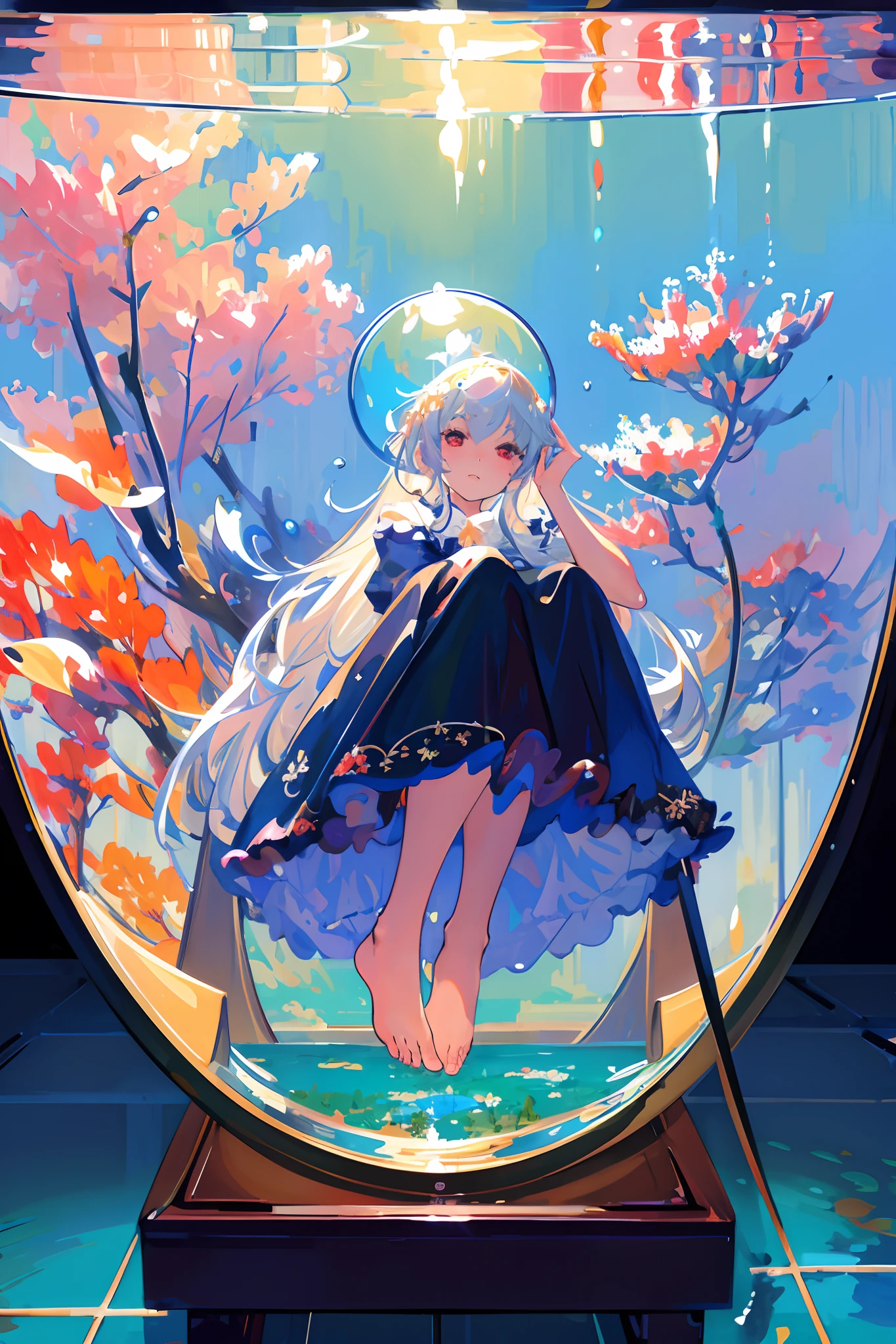 [(Transparent background:1.5)::5],(((Masterpiece))),(((Best quality))),(((Extremely detailed))),illustration, 1girll,Solo,mysterious,vivd colour,Shiny, Underwater transparent sealed hemispherical glass dome, White hair,Red eyes, full bodyesbian,Barefoot,Long hair tranquility nature, Koi,Underwater, Dome,Close up,Dynamic actions,Lens perspective,(((Box composition))),sitting cross-legged，Leaning against the bookshelf,(arm + hand + 1 thumb + 4 fingers),(Impressionism:1.4)