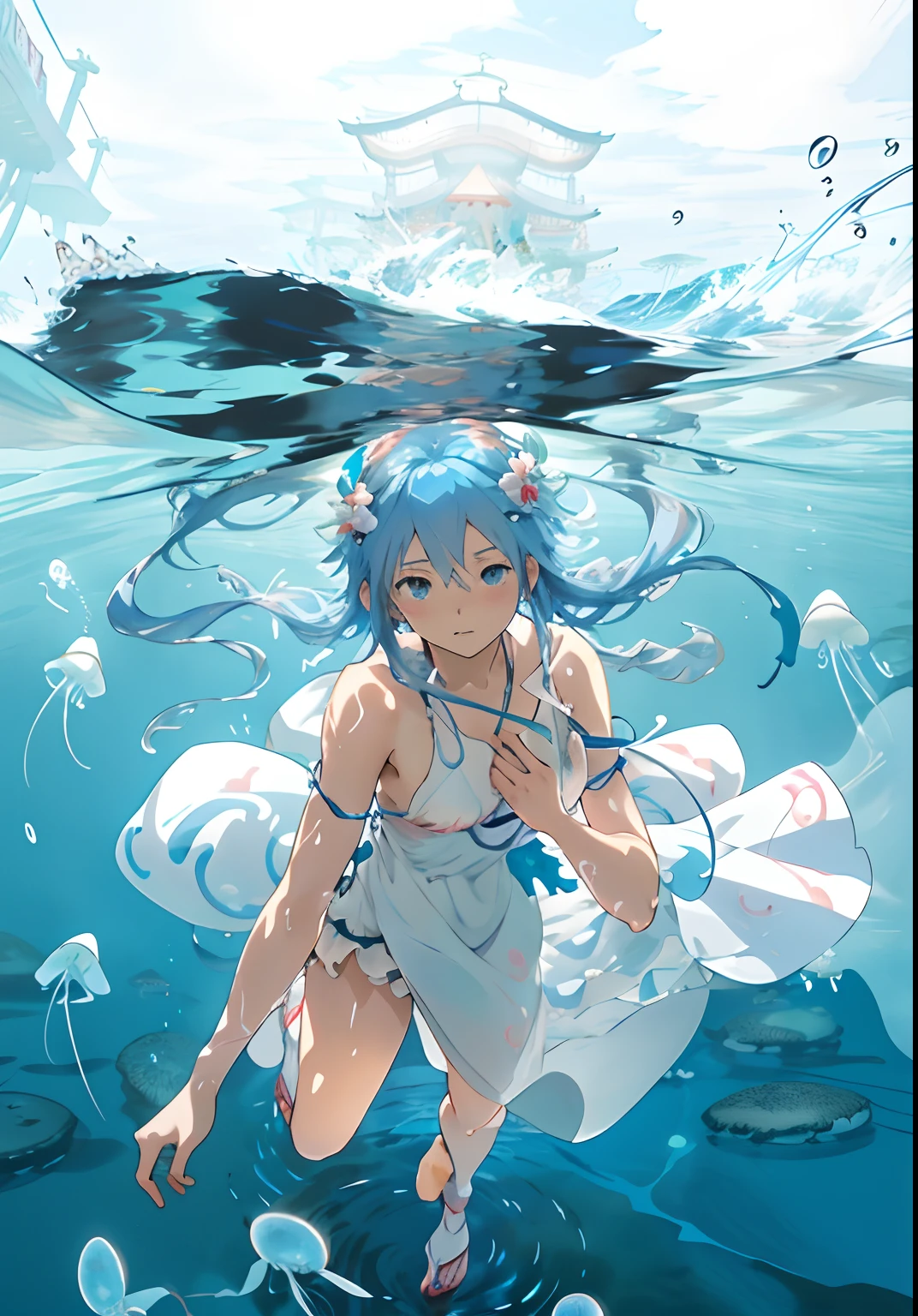 A woman in a white dress floats in the water, Anime girl walking on water, wallpaper anime blue water, jellyfish shrine maiden, ethereal anime, jellyfish shrine maiden 8k, anime visual of a young woman, anime visual of a cute girl, ikki tousen, anime still film anime shikishi, haibane renmei, shuushuu anime image