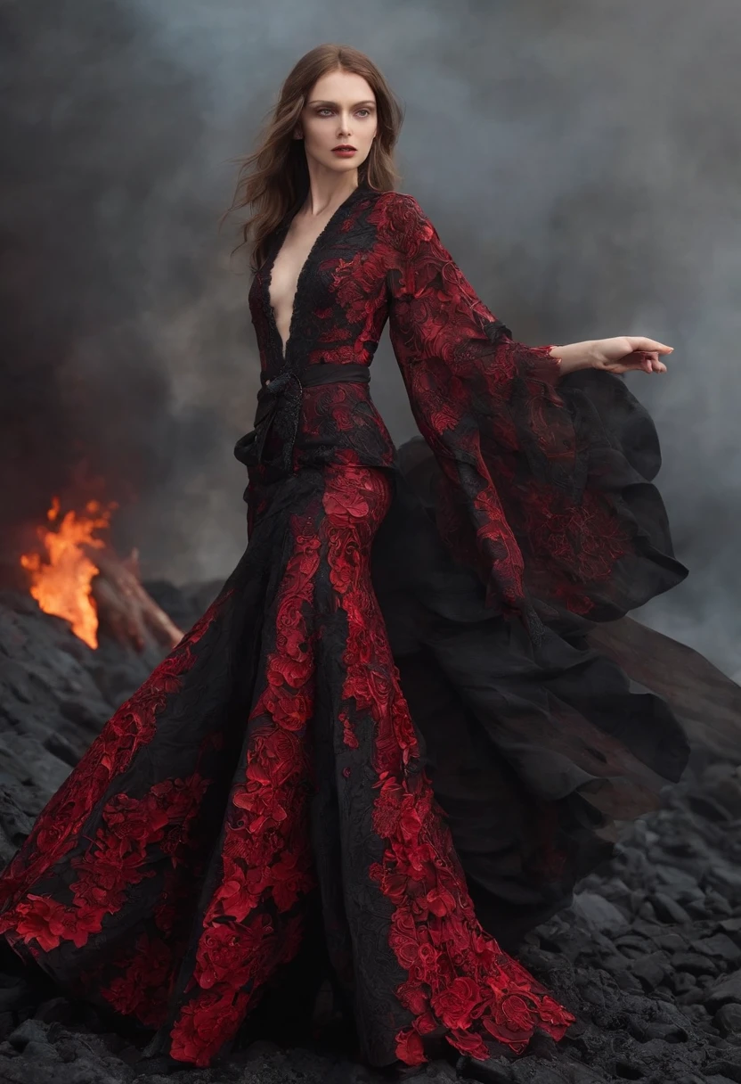 Russian woman in black and red dress，（Bohemian style skirt），Stand in front of black volcanic stones, （Super exaggerated skirt：1.37），（There are a lot of blood-red flowers on the skirt：1.2），opulent，dream magical，（Clear and perfect facial features），（Perfect hands and feet),（The skirt blends perfectly with the firelight：1.3）, （The hem of the skirt blends perfectly with the firelight），Inspired by Anne Leibovitz, Red and black color, （with fires and black smoke）, body with black and red lava, author：annie lebovetz, alexander mcqueen haute couture