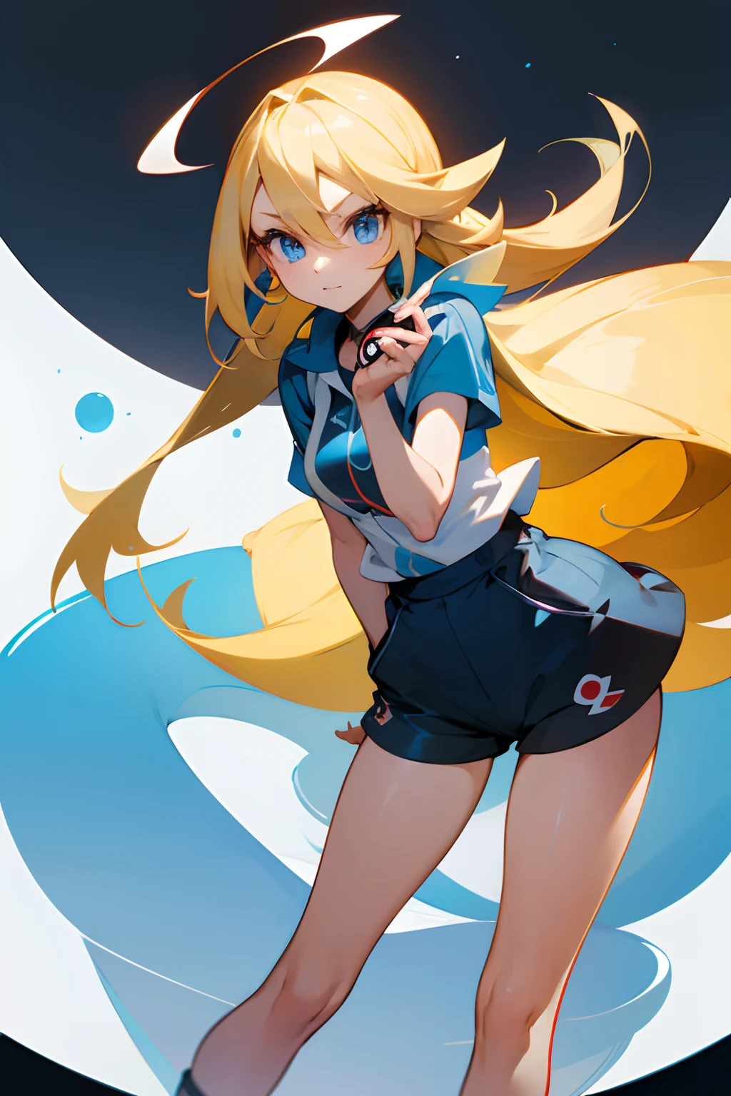 A girl Pokémon trainer in the Pokémon trainer outfit holding a pokeball or a rare Pokémon. She has blonde mid length hair and blue eyes. Doing a Pokémon trainer pose --auto