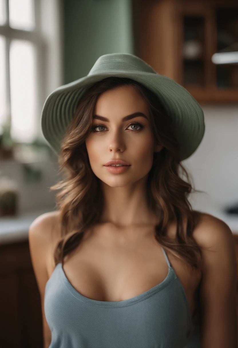 arafed woman with a necklace, large breasts, sitting on a kitchen counter, modern kitchen, white countertop, sexy girl with green eyes, portrait sophie mudd, brown hair and large eyes, selfie of a young woman, bedroom eyes, violet myers, without makeup, natural makeup, looking directly at the camera, face with artgram, subtle makeup, stunning full body shot, piercing green eyes, beautiful angle, attractive pose, cute girl, sexy pose, full body picture, full body, full body shoot, brunette goddess, high detail, satisfied pose, wearing only a blue bucket hat, average breasts, (beautiful detailed face, beautiful detailed eyes), (naked), glow, sweat, (sunbeam, sunlight), (nsfw:1.5)