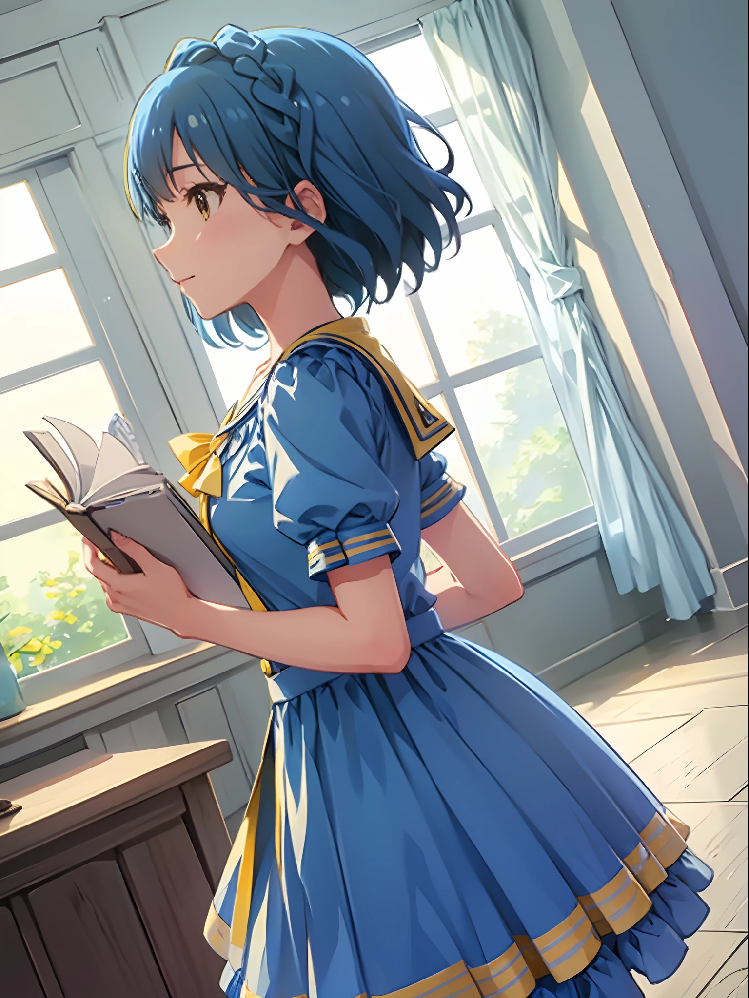yuriko nanao (million live), 1 girl, Solo, Best Quality, masutepiece, 8K, High resolution, Ultra-detailed, (((from side, portrait))), looking at viewer, light smile, Light blue dress, Sailor Color Dress, Short sleeves, Puffy sleeves, (Yellow cardigan), holding books, in the school,