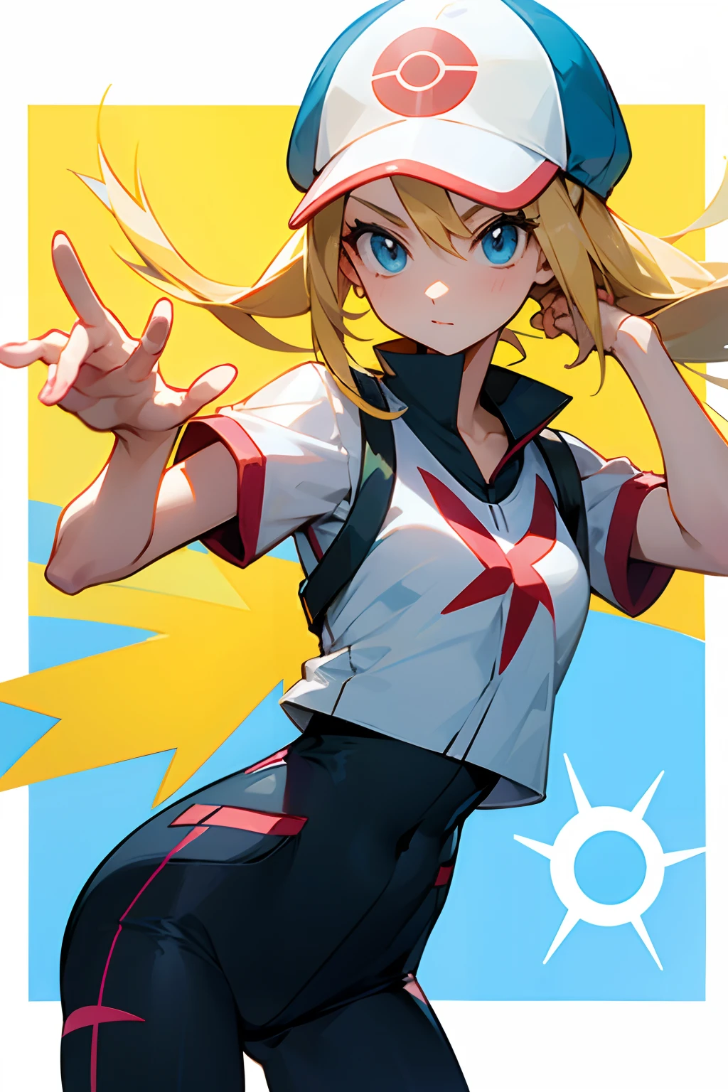 A girl Pokémon trainer in the Pokémon trainer outfit holding a pokeball or a rare Pokémon. She has blonde mid length hair and blue eyes. Doing a Pokémon trainer pose --auto
