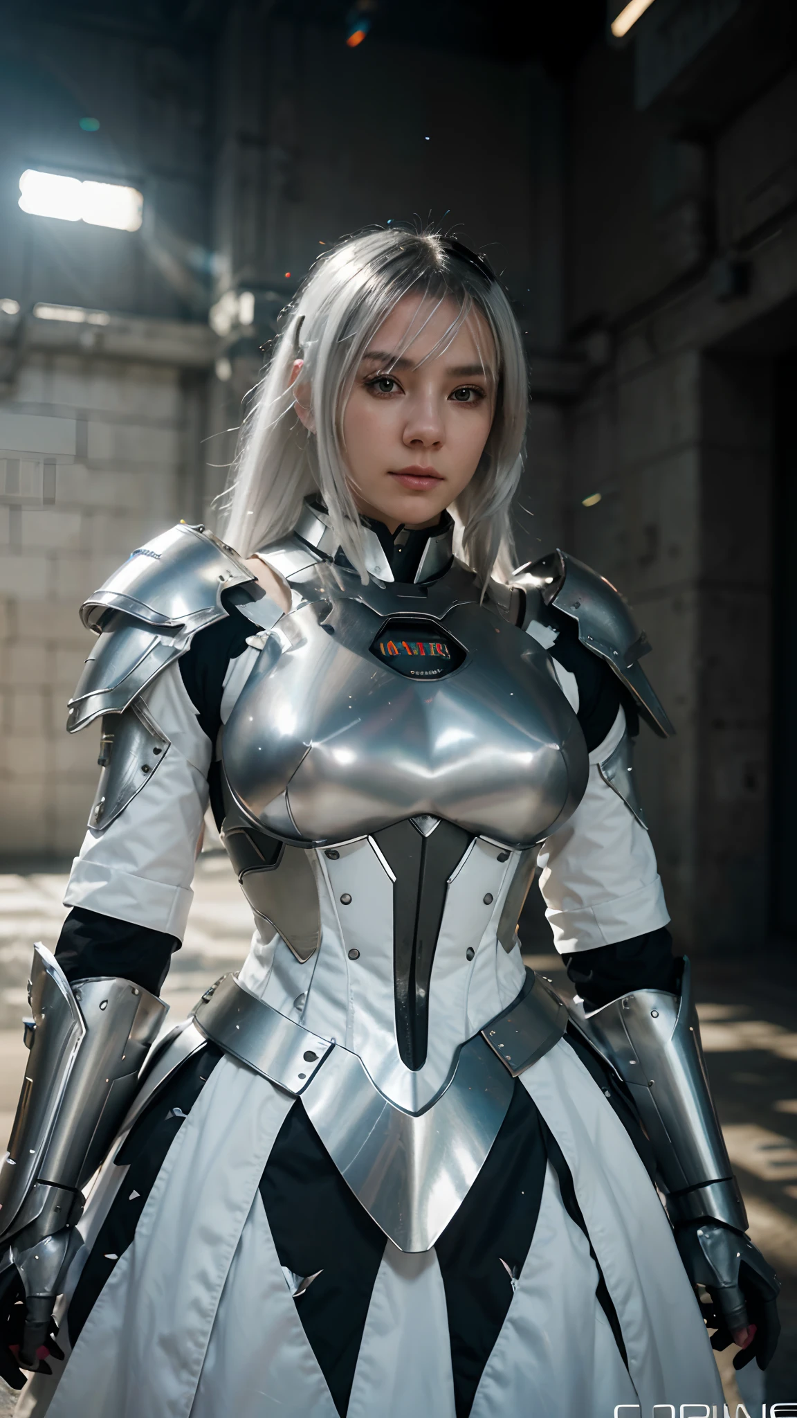 white color hair，Silver-black armor，best quality,masterpiece,realistic,Bokeh,1girl,cinematic_lighting,lens_flare,reality_ray_tracing,fantasyArt,Kinetic Art,cinematic,cyberpunk,DigitalArt,absurdres,incredibly_absurdres,official_style,white skin,mecha musume...