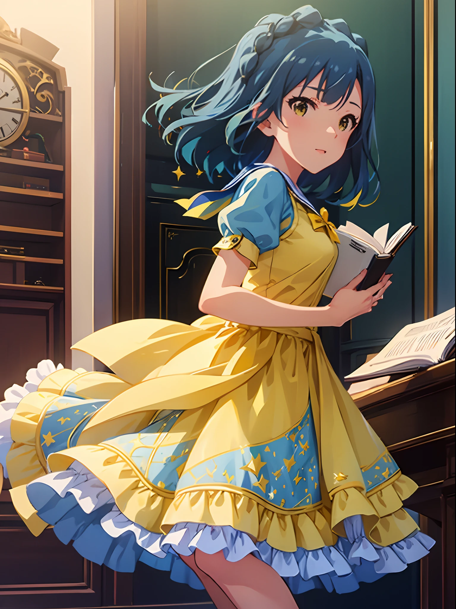yuriko nanao (million live), 1 girl, Solo, Best Quality, masutepiece, 8K, High resolution, Ultra-detailed, (((From Side, Portrait))), Looking at Viewer, lightsmile, Light blue dress, Sailor Color Dress, Short sleeves, Puffy sleeves, (Yellow cardigan), holding books, In the school,