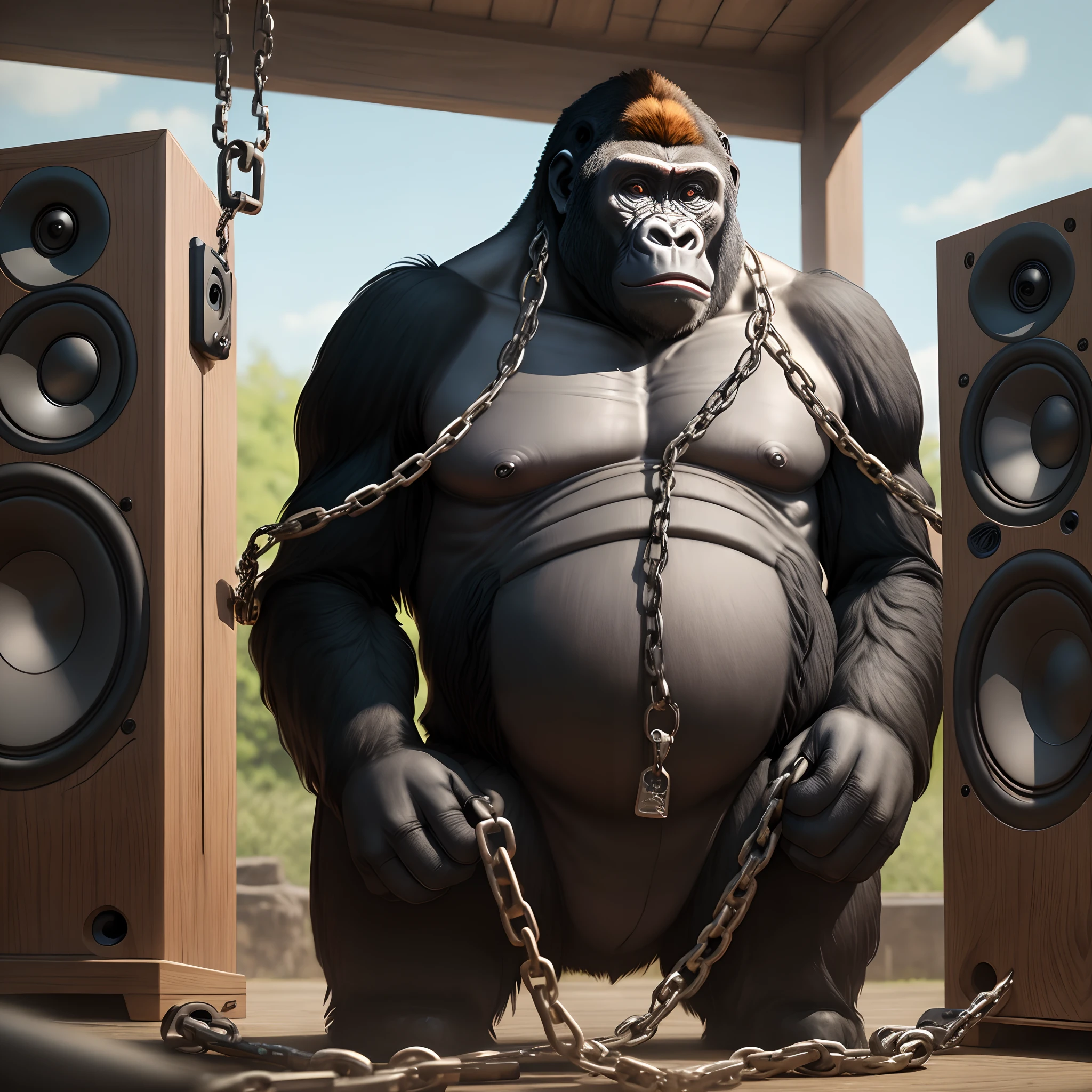 Gorilla chained with speakers behind him