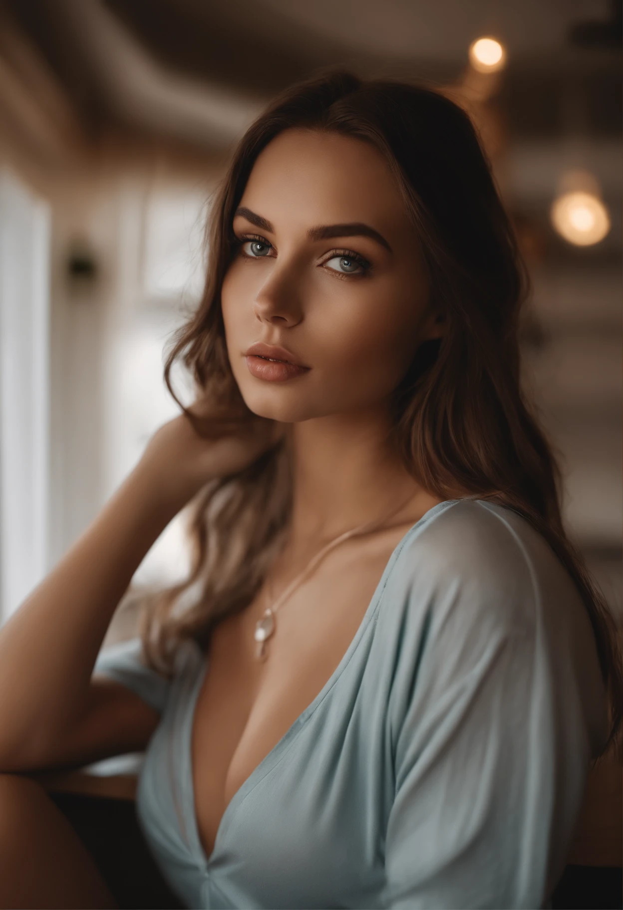 arafed woman with a necklace, large breasts, sitting on a kitchen counter, modern kitchen, white countertop, sexy girl with green eyes, portrait sophie mudd, brown hair and large eyes, selfie of a young woman, bedroom eyes, violet myers, without makeup, natural makeup, looking directly at the camera, face with artgram, subtle makeup, stunning full body shot, piercing green eyes, beautiful angle, attractive pose, cute girl, sexy pose, full body picture, full body, full body shoot, brunette goddess, high detail, satisfied pose, wearing only a blue bucket hat, average breasts, (beautiful detailed face, beautiful detailed eyes), (naked), glow, sweat, (sunbeam, sunlight), (nsfw:1.5)