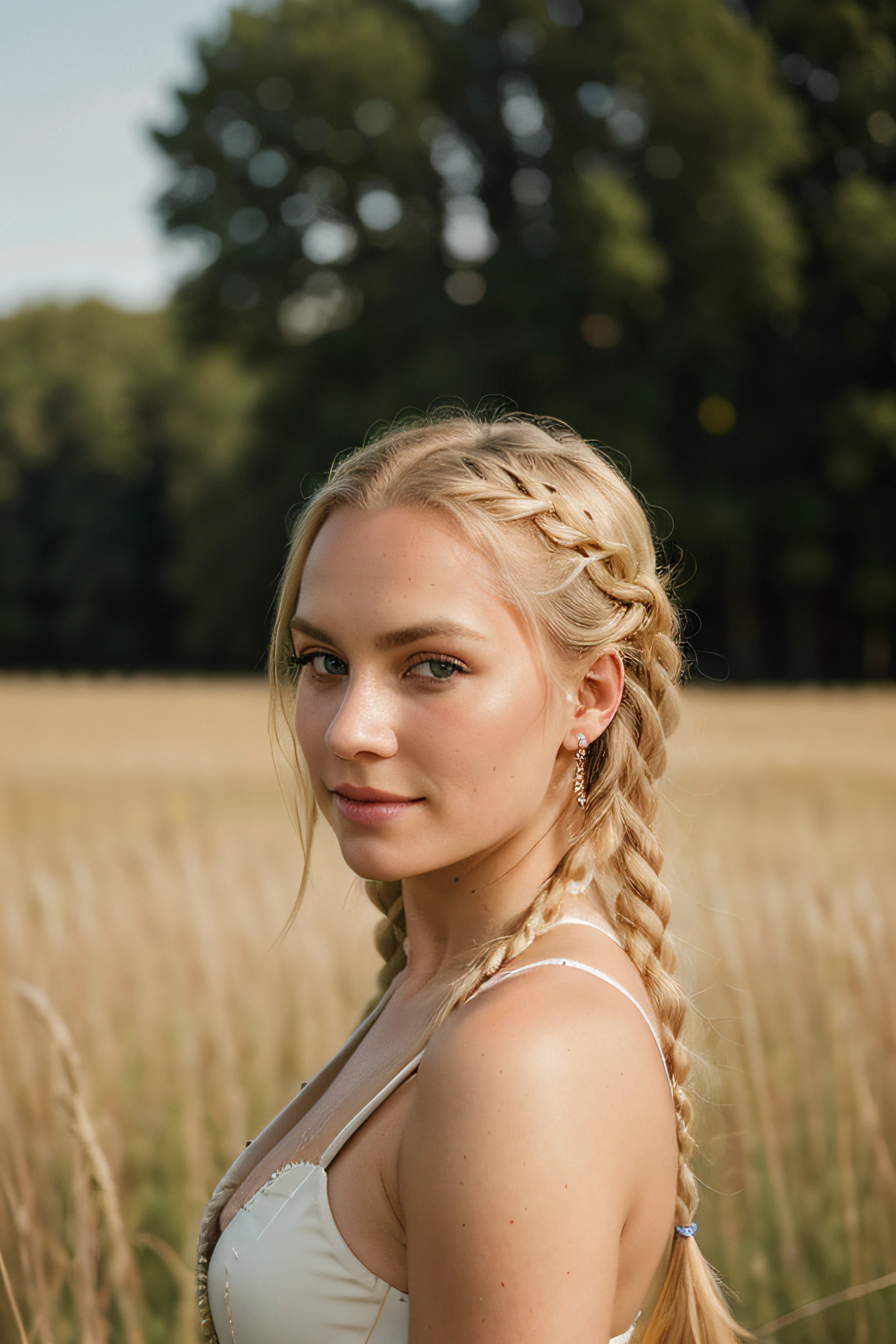 RAW, analog, Nikon Z 85mm, award winning glamour photograph,((best quality)), ((masterpiece)), ((realistic)), 18th century, KarolinaDemy:0.9 piercing eyes, looking straight, very happy, blonde hair, quad braids, in a outdoor field, afternoon light,