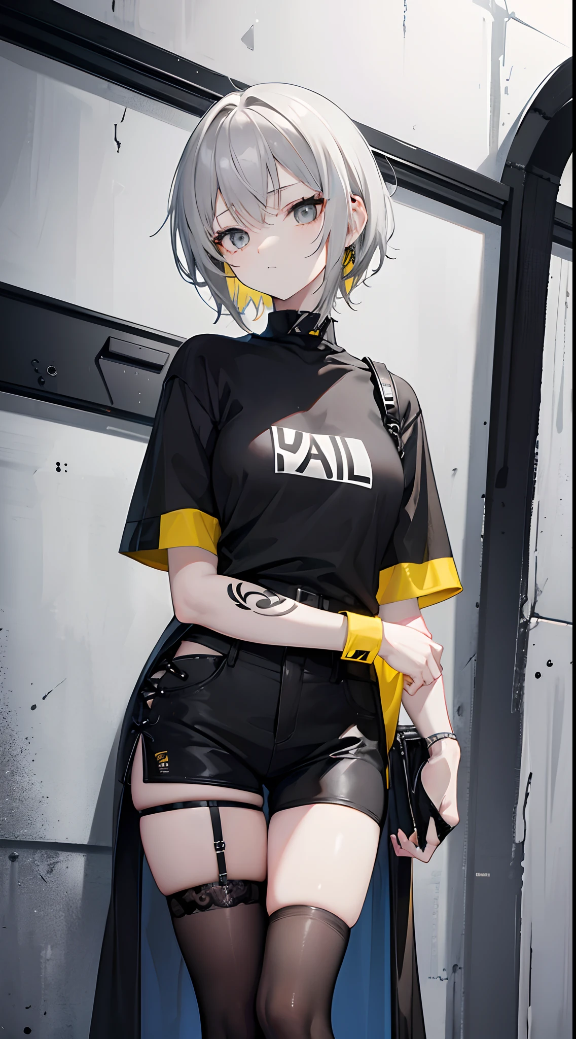 Short yellow-gray hair，Black eyes，Loving pupils，Black short sleeves，Medium build，，Tattoos on the arms，Black  shorts，Tall girl，black lence stockings，A bad teenage girl