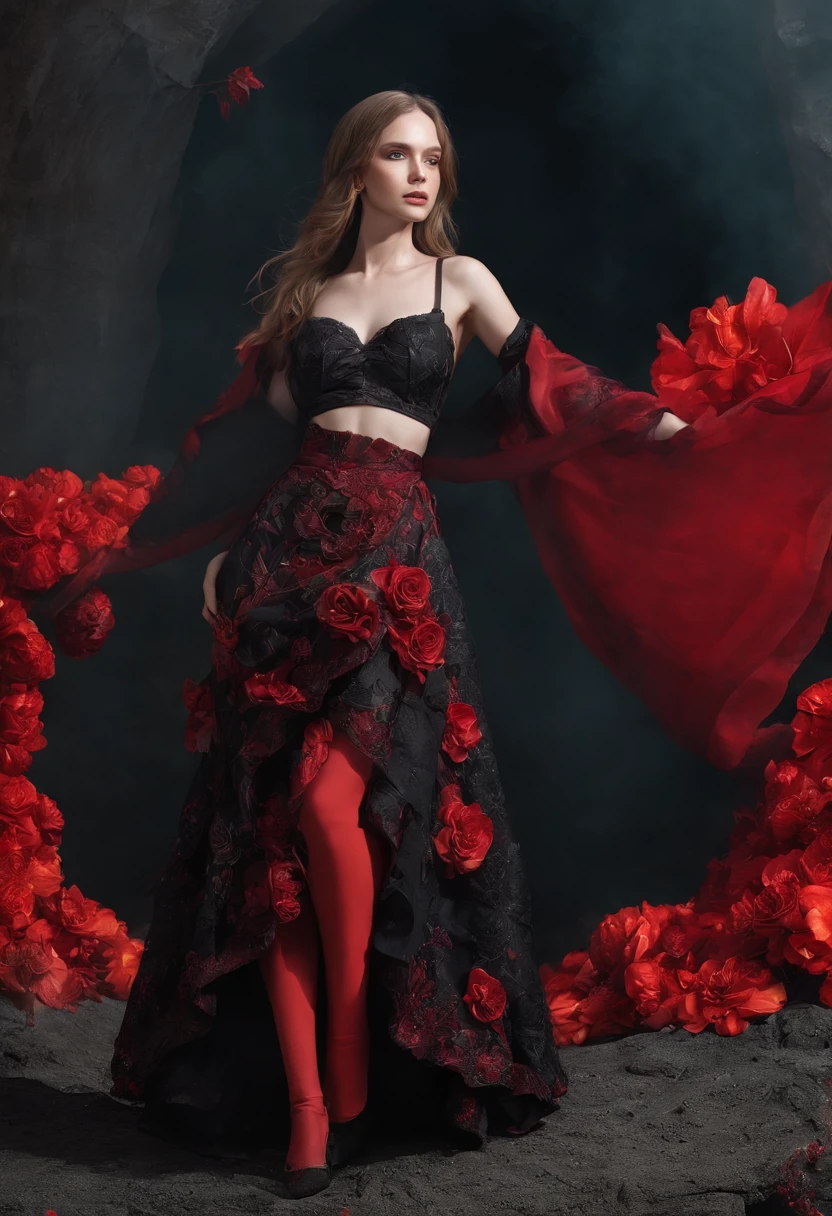 Russian woman in black and red dress，（Messy long gray hair：1.37），（Bohemian style skirt），Stand in front of black volcanic stones, （Super exaggerated skirt：1.37），（There are a lot of blood-red flowers on the skirt：1.2），opulent，dream magical，（Clear and perfect facial features），（Perfect hands and feet),（The skirt blends perfectly with the firelight：1.3）, （The hem of the skirt blends perfectly with the firelight），Inspired by Anne Leibovitz, Red and black color, （with fires and black smoke）, body with black and red lava, author：annie lebovetz, alexander mcqueen haute couture