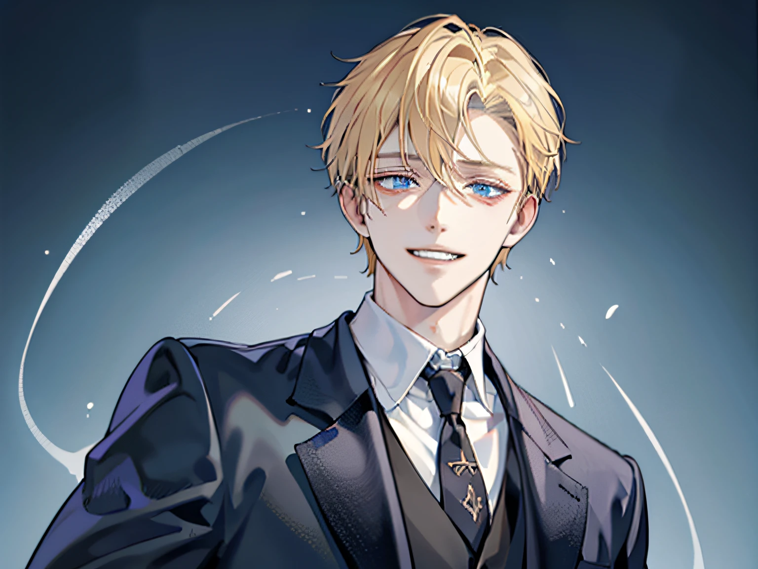a handsome man,1 boy, Blonde hair, Blue eyes, 20 years old,,Shaded face、Scary smile、Psychopathic grin,creepy expression,The background is dim