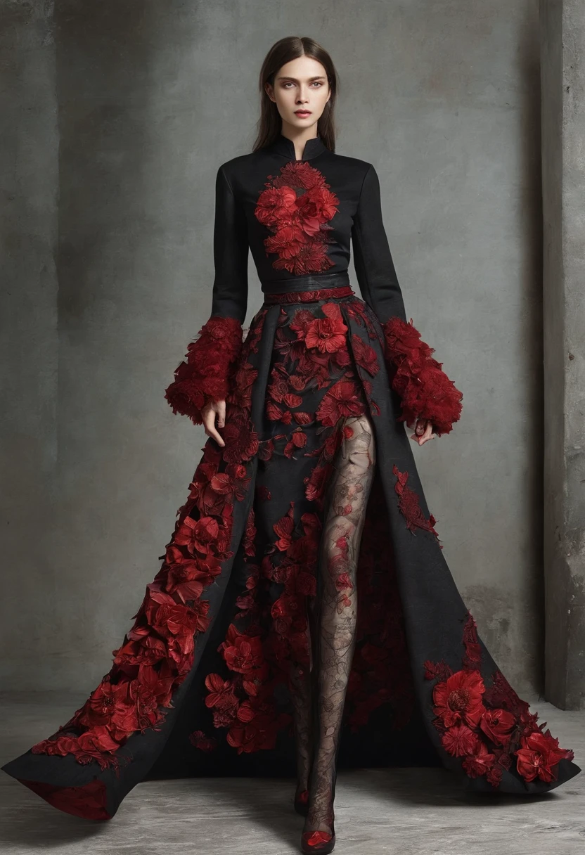 Russian woman in black and red dress，（Long messy gray hair：1.37），（Bohemian style skirt），（Stand in front of a black volcano：1.37）, （Super exaggerated skirt：1.37），（There are a lot of blood-red flowers on the skirt：1.2），opulent，dream magical，（Clear and perfect facial features），（Perfect hands and feet),（The skirt blends perfectly with the firelight：1.3）, （The hem of the skirt blends perfectly with the firelight），Inspired by Anne Leibovitz, Red and black color, （with fires and black smoke）, body with black and red lava, author：annie lebovetz, alexander mcqueen haute couture