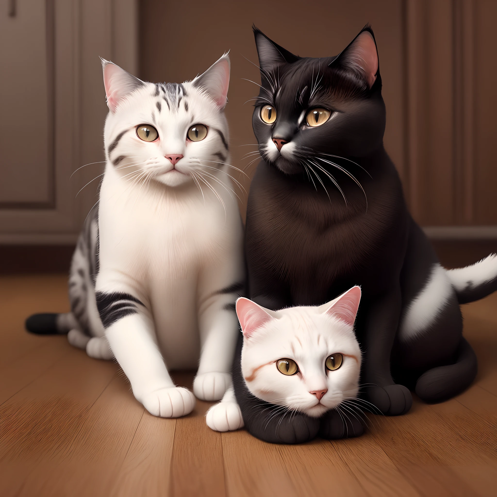 Gato blanco con negro junto con gato calico pelo largo