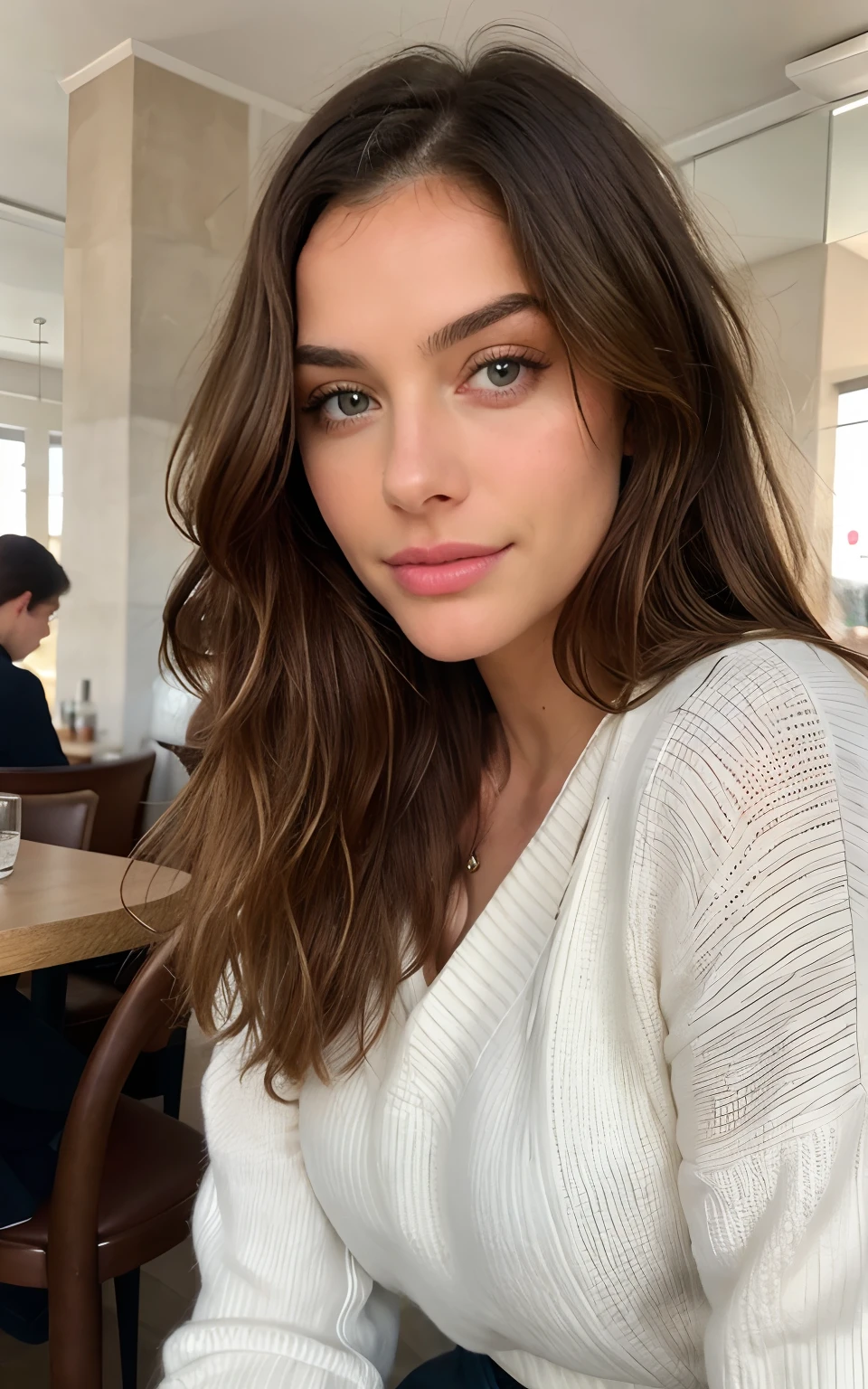 Belle brune aux reflets blonds portant un pull beige (in a café drinking soda), Very detailed, 22 ans, visage innocent, natural wavy hair, yeux bleus, High resolution, masterpiece, Best quality, intricate high detail, highly detailed, mise au point nette, detailed skin, realistic skin texture, texture, detailled eyes, professionnel, 4K, sourire charmant, filmed on Canon, 85 mm, faible profondeur de champ, Couleur Kodak Vision, perfect fit body, Extremely detailed, photographier_\(ultra\), photoreallistic, Realstic, Post-traitement, Maximum details, roughness, real life, ultra realist, photorealism, photographie, 8K UHD, photographie