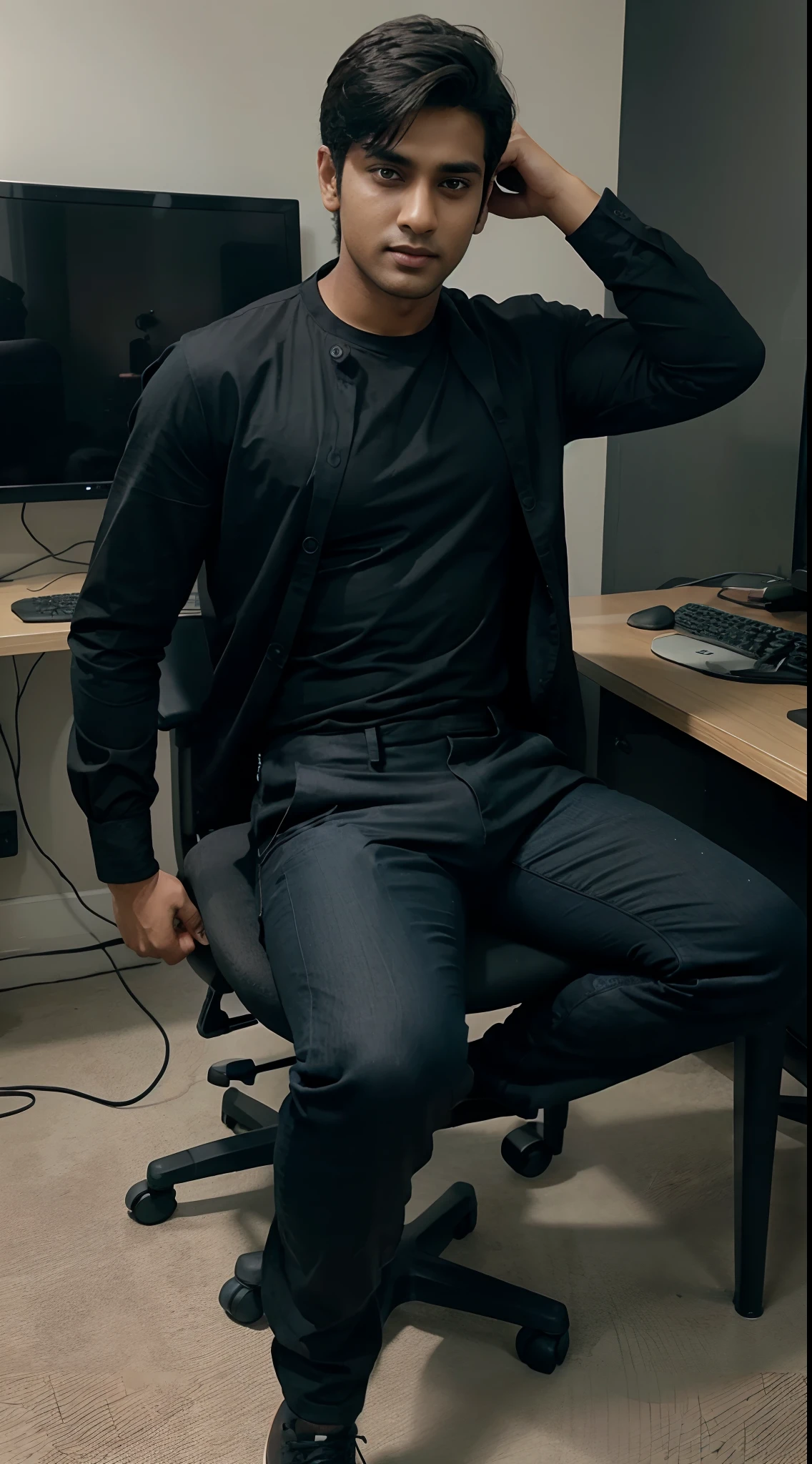 A young handsome guy name Rahul showing full body siting on gaming chair wearing black shirt blue pant