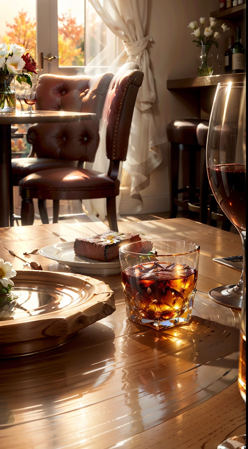 Extreme close-up，Clear，tmasterpiece，Table at the bar，Delicious steak on the table，red wine，wineglass，fruit platter，Beautiful classical vase with flowers，Bright natural light，Outside the window it is autumn，Translucent curtains，In the bar，C4D，Empty product display scene，Positive perspective，first person perspective