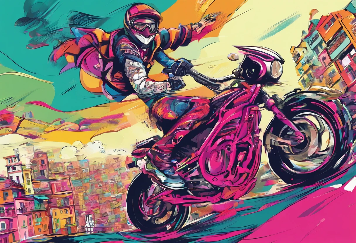 "Write an engaging narrative about an audacious biker who dominates the streets of a vibrant favela. Sua moto super equipada, com rodas traseiras no ar, Defies gravity as he wears a pink helmet and silver goggles, tornando-se uma lenda nas ruas urbanas. Explore the atmosphere of the favela and the unique personality of this character, Transmitting the feeling of adrenaline, estilo e ousadia que o envolvem.”