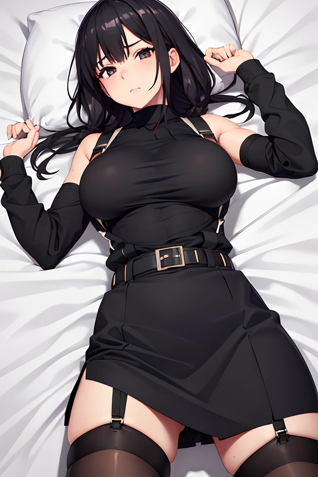 Belt bag,Suspenders Black Miniskirt garterbelts knee high Stockings Black Niso Colorcon armpit sweat perspiring Side of both hands,Black jacket,Gaze,ample bosom,Armpit sweat,Exposing the armpits"Tight clothes、Cuffed、wristbands Lie on the bed with your hands up Tank Tops Big breasts Open crotch