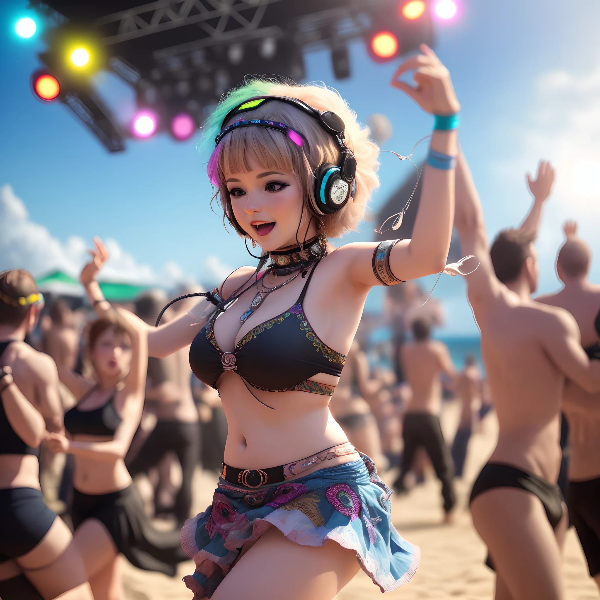 Create a trance festival with futuristic people dancing on a beach