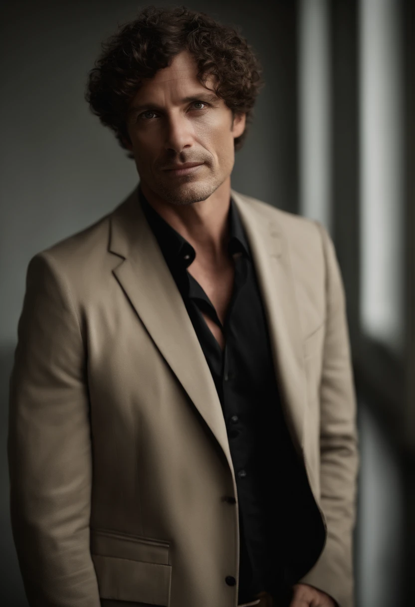 Cinematographic portrait , Un homme Handom, Grand et en forme, (40 ans:1.1), (shaven:1.2), (very short and fine brown hair a little curly:1.5),(very short fine hair:1.6). (Fitted suit in black velvet and white shirt :1.3) . minimalist background, Composition propre, Strong details, muted colors, Hasselblad, style brut