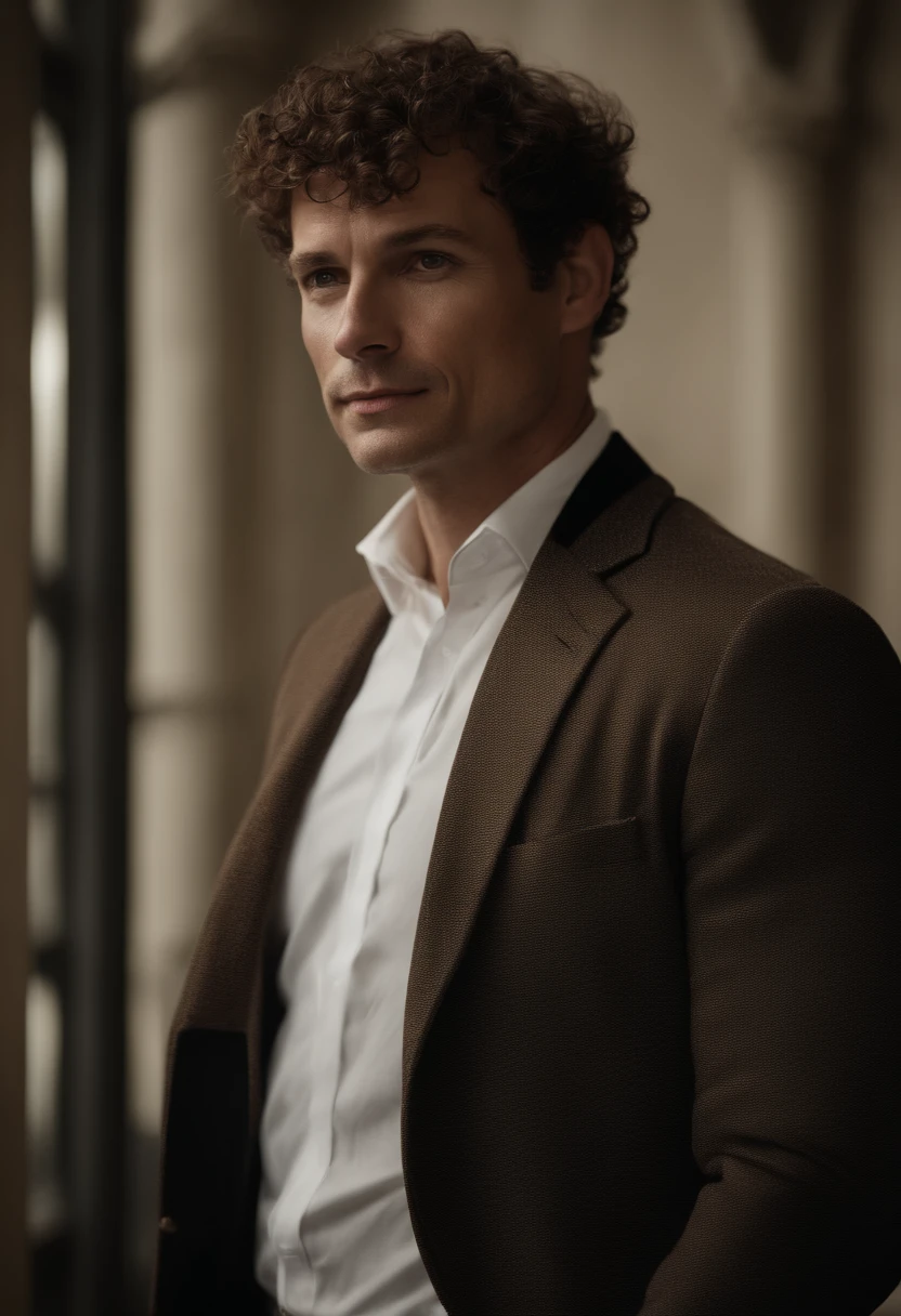 Cinematographic portrait , Un homme Handom, Grand et en forme, (40 ans:1.1), (shaven:1.2), (very short and fine brown hair a little curly:1.5),(very short fine hair:1.6). (Fitted suit in black velvet and white shirt :1.3) . minimalist background, Composition propre, Strong details, muted colors, Hasselblad, style brut